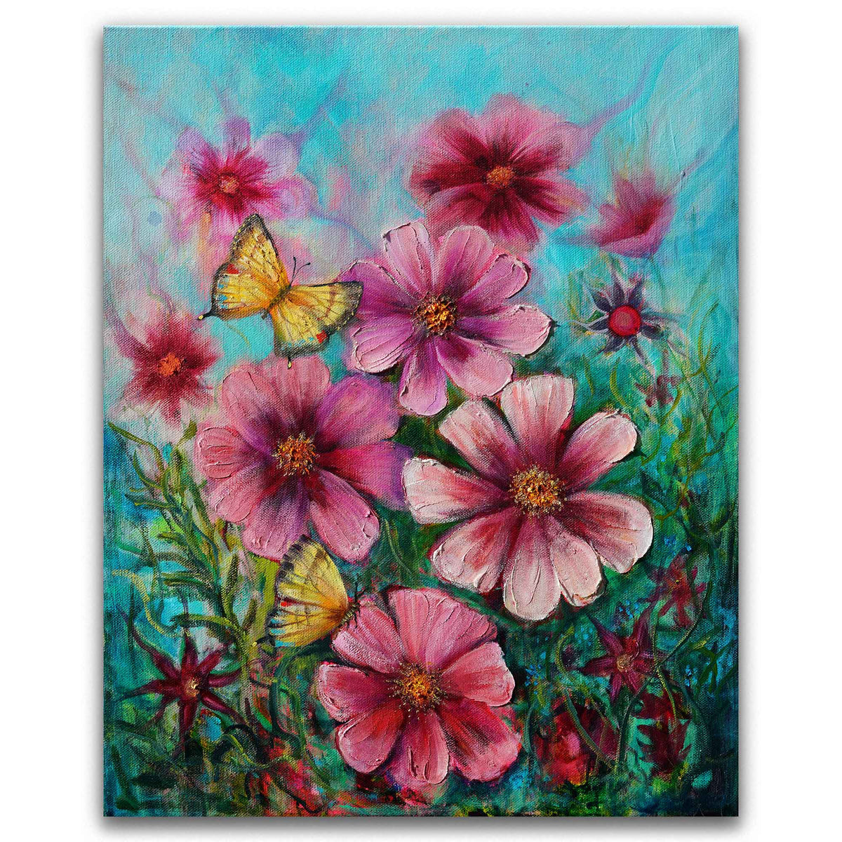 Cosmos Glow original pink cosmos and butterfly painting by Amanda Dagg