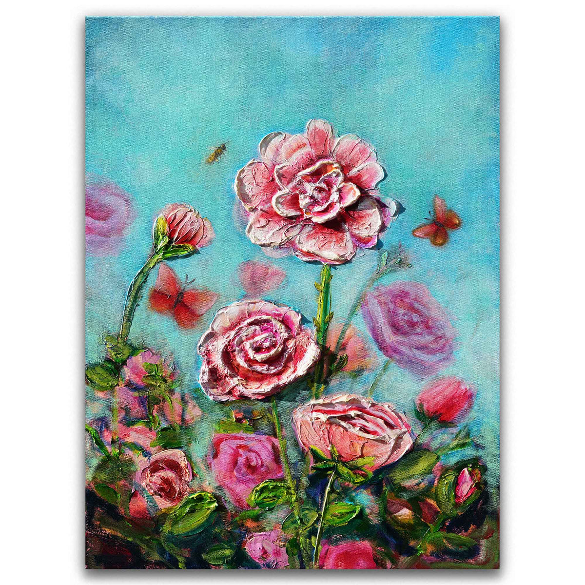 Rose Garden original textured rose painting with bee by Amanda Dagg