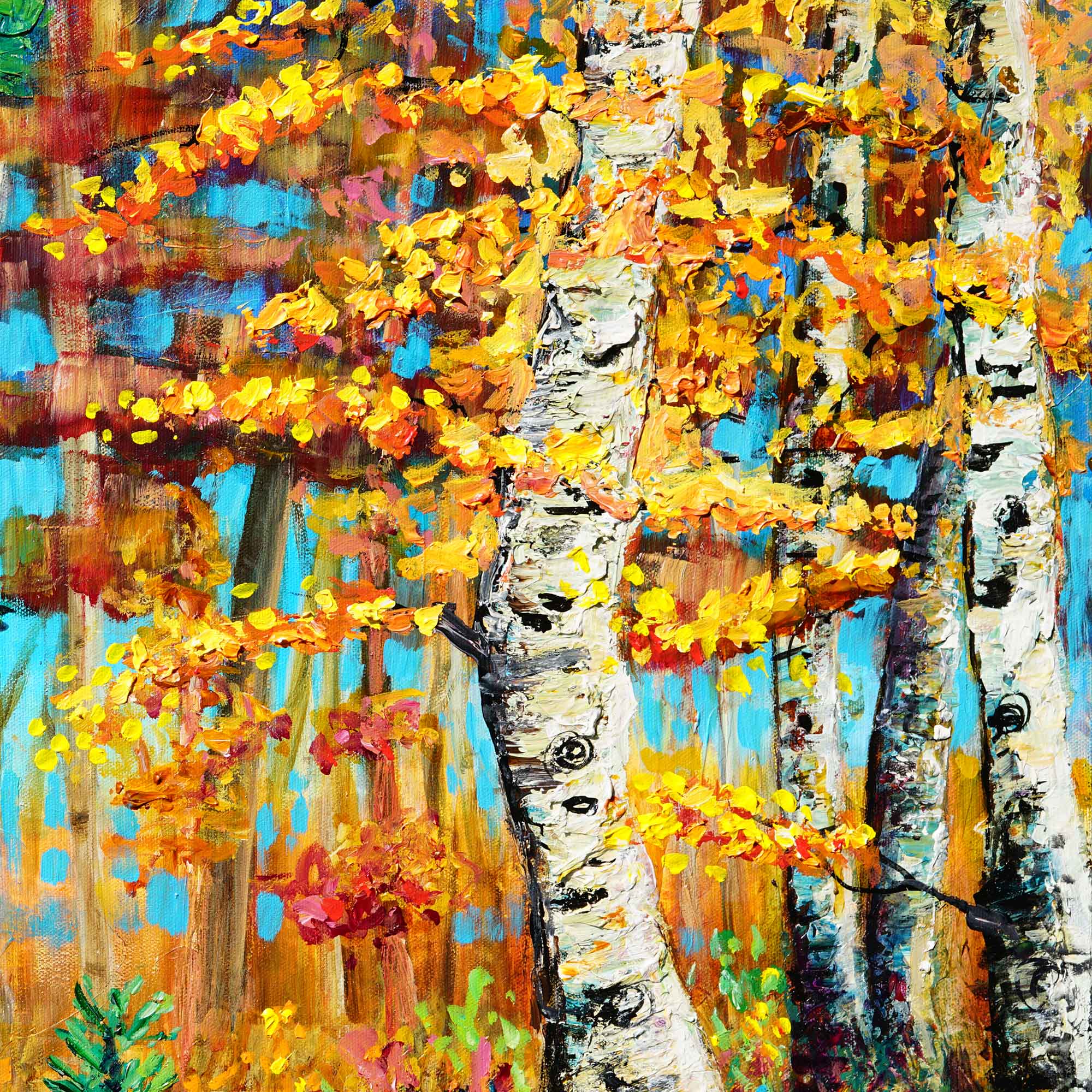 Colorful abstract painting of birch trees with autumn foliage