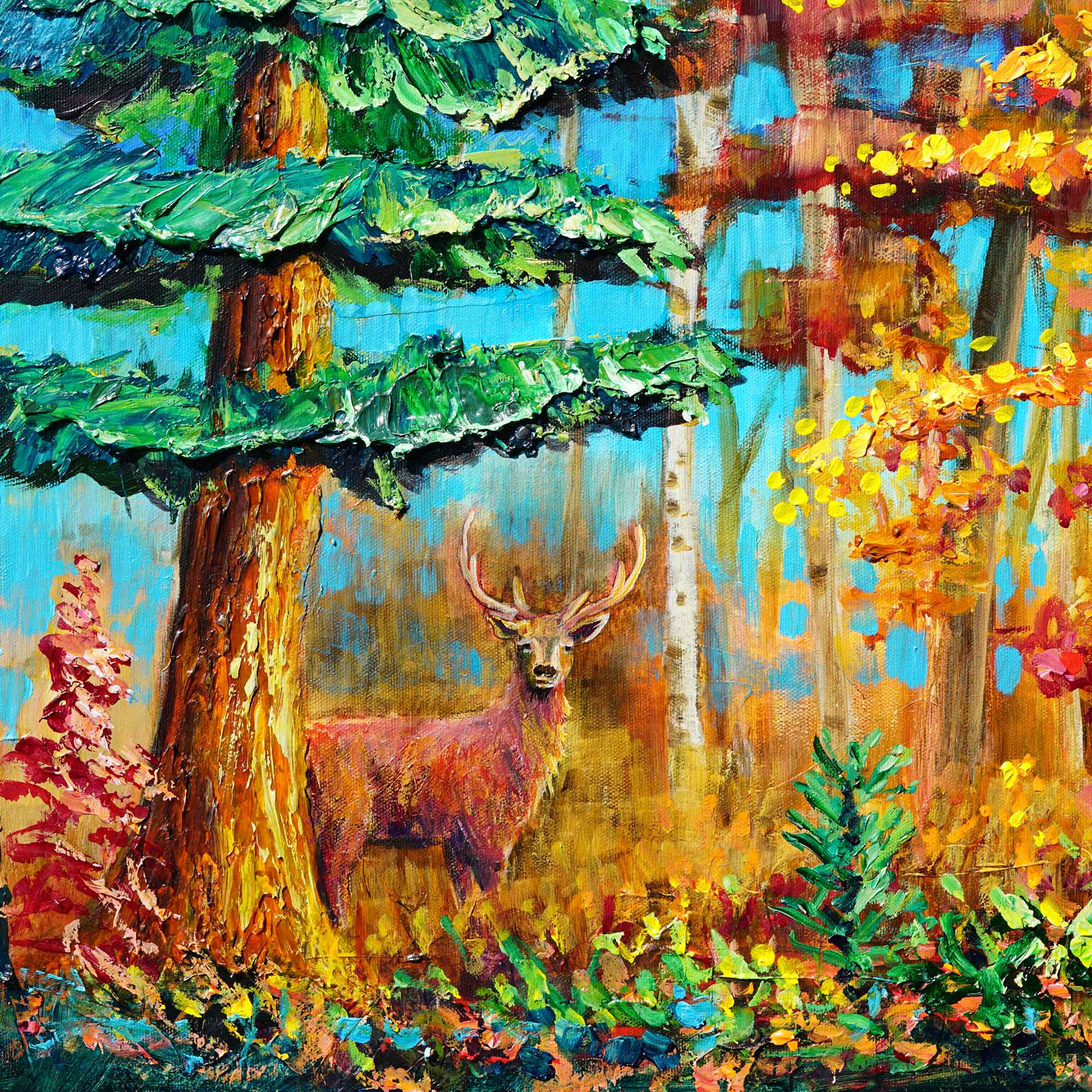 Painting of a deer in a forest with colorful trees