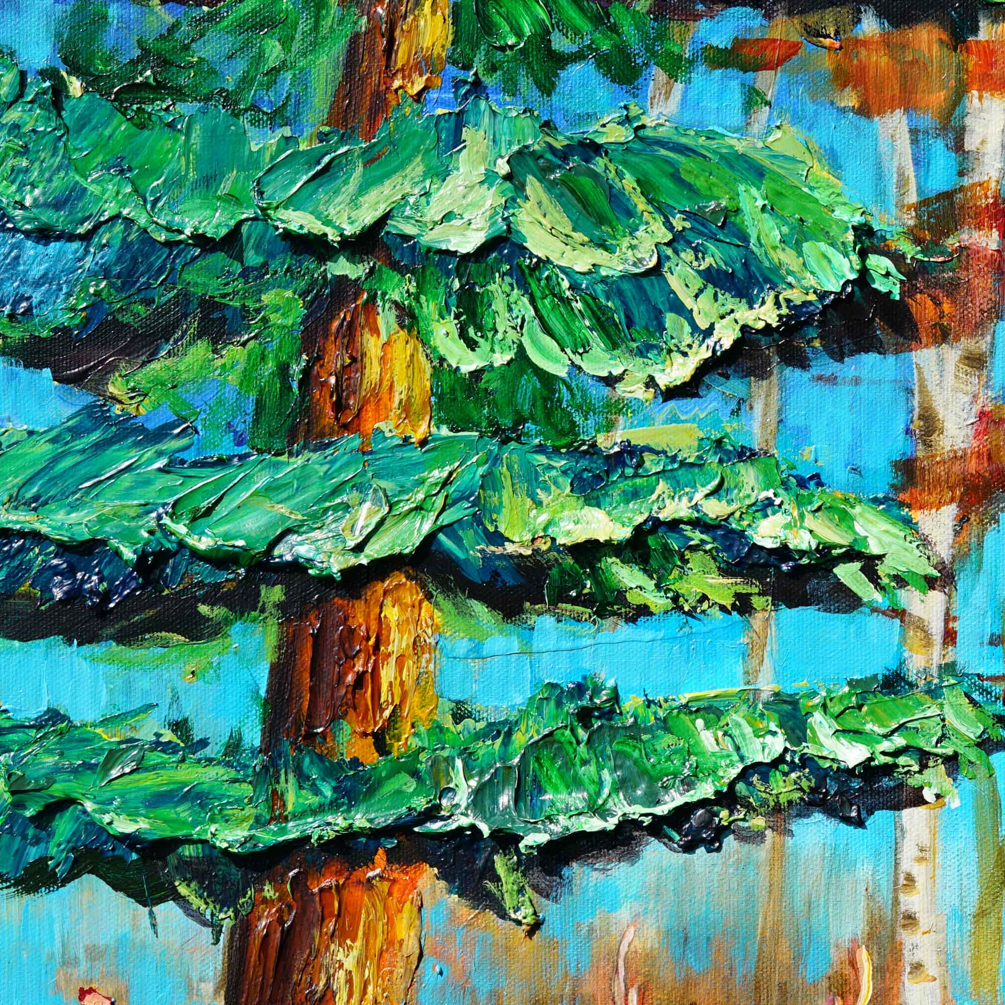 Painting of a coniferous tree with a blue sky background