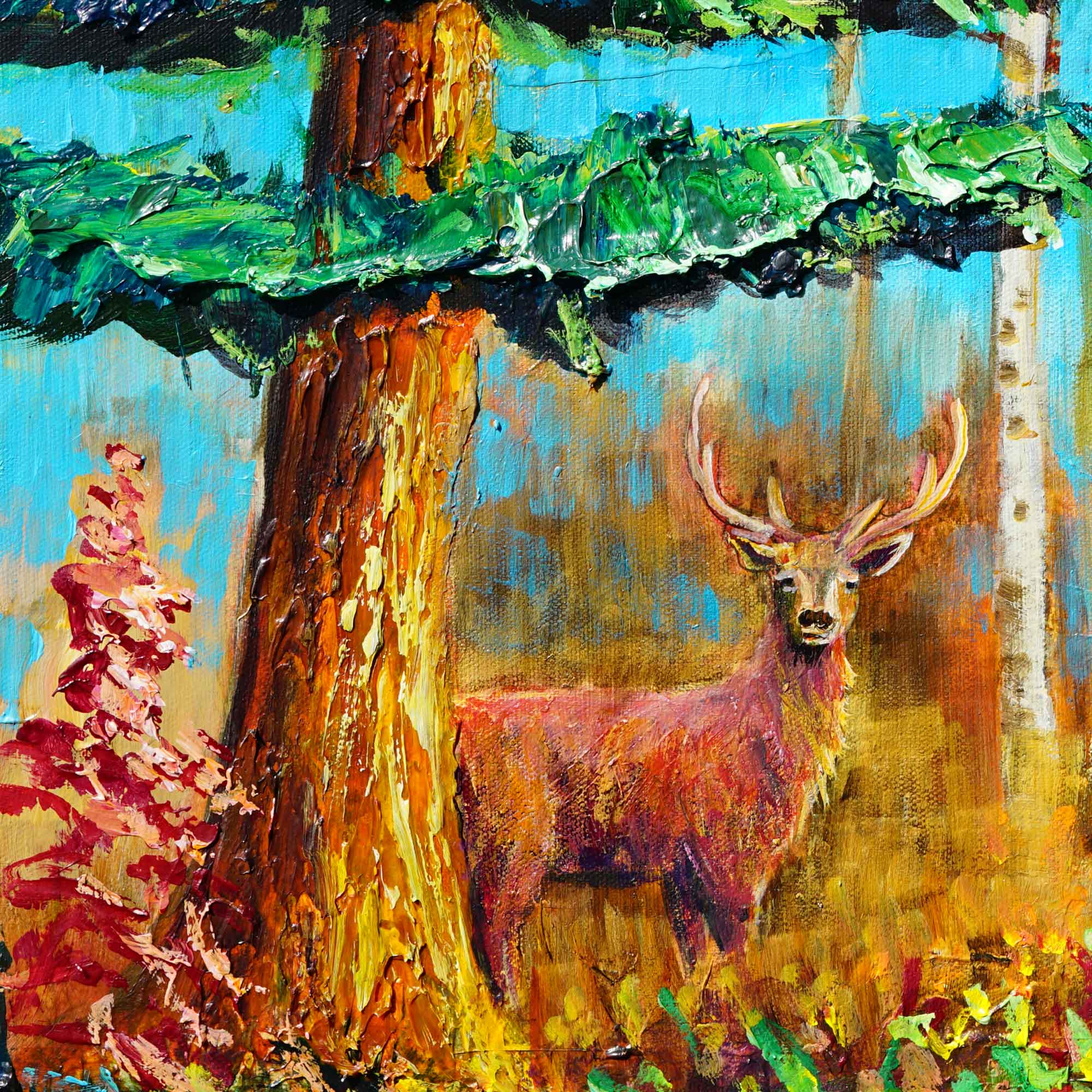 Painting of a deer in a forest with colorful trees and foliage.