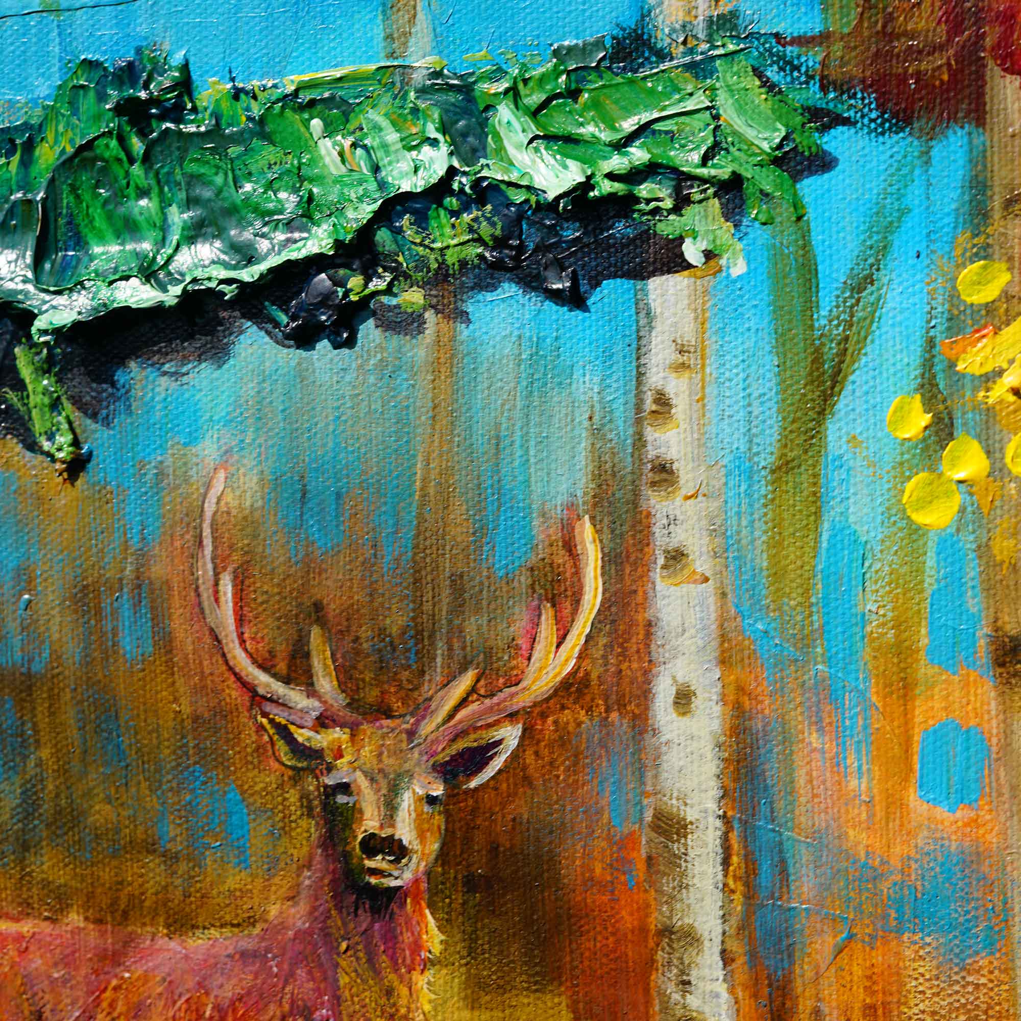 Impasto palette knife texture and layered acrylic paint from Amanda Dagg’s In the Quiet Autumn original forest artwork