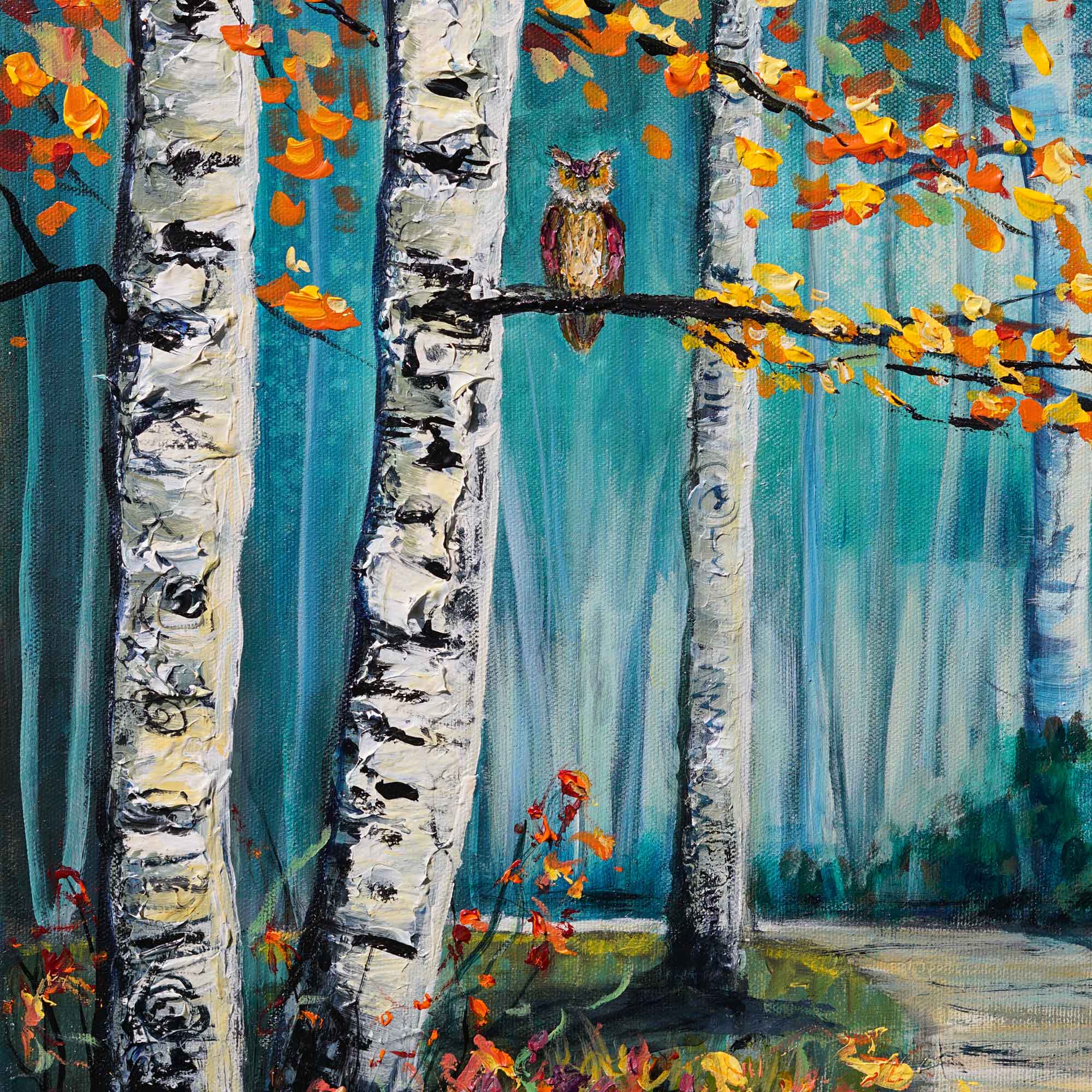 Painting of an owl perched on a branch between birch trees with autumn leaves.