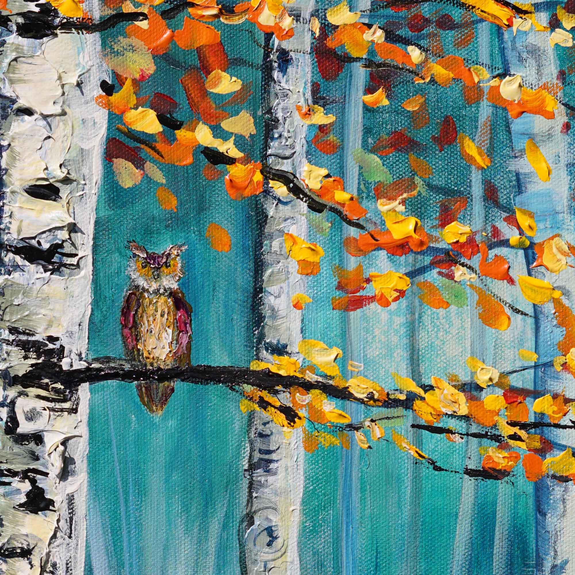 Painting of an owl perched on a branch with autumn leaves and trees in the background.