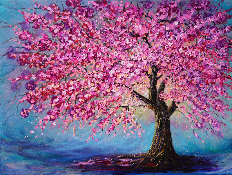 Painting of a cherry blossom tree with pink flowers against a blue sky.