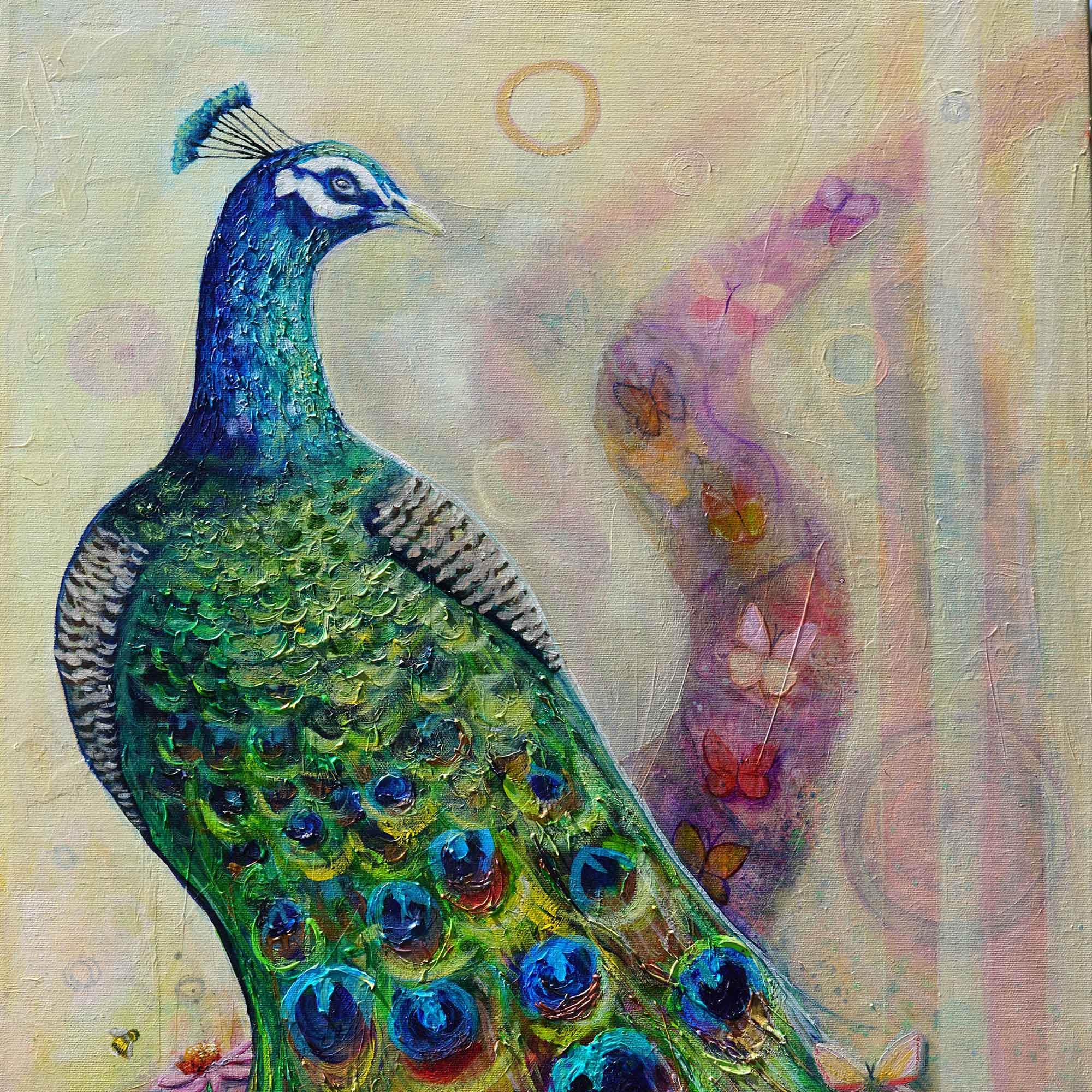 “Peacock’s Secret Garden” - Original Oil mixed media Painting