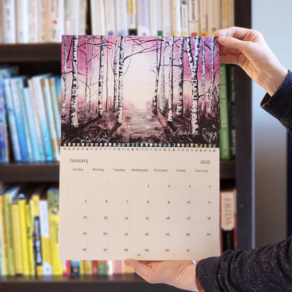 January 2025 calendar page featuring Amanda Dagg art