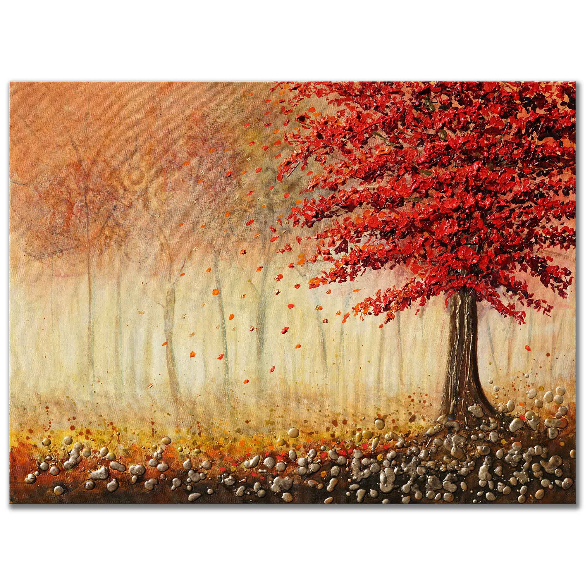 Painting of a red-leaved tree in an autumn forest with rocks and a textured background.