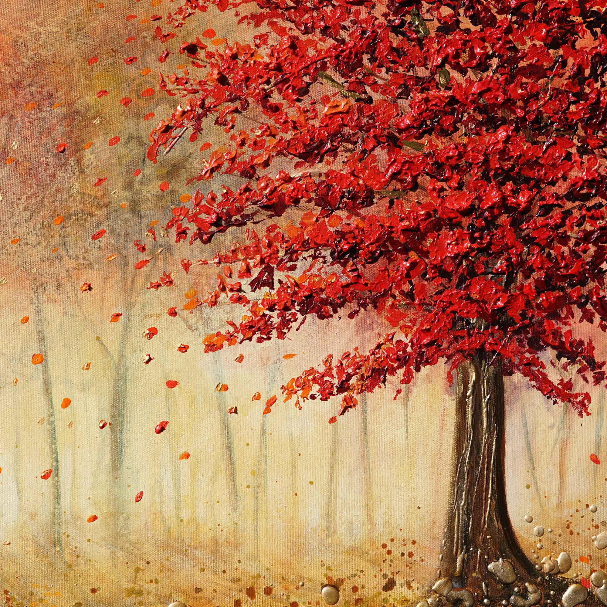 Painting of a tree with red leaves against a textured beige background