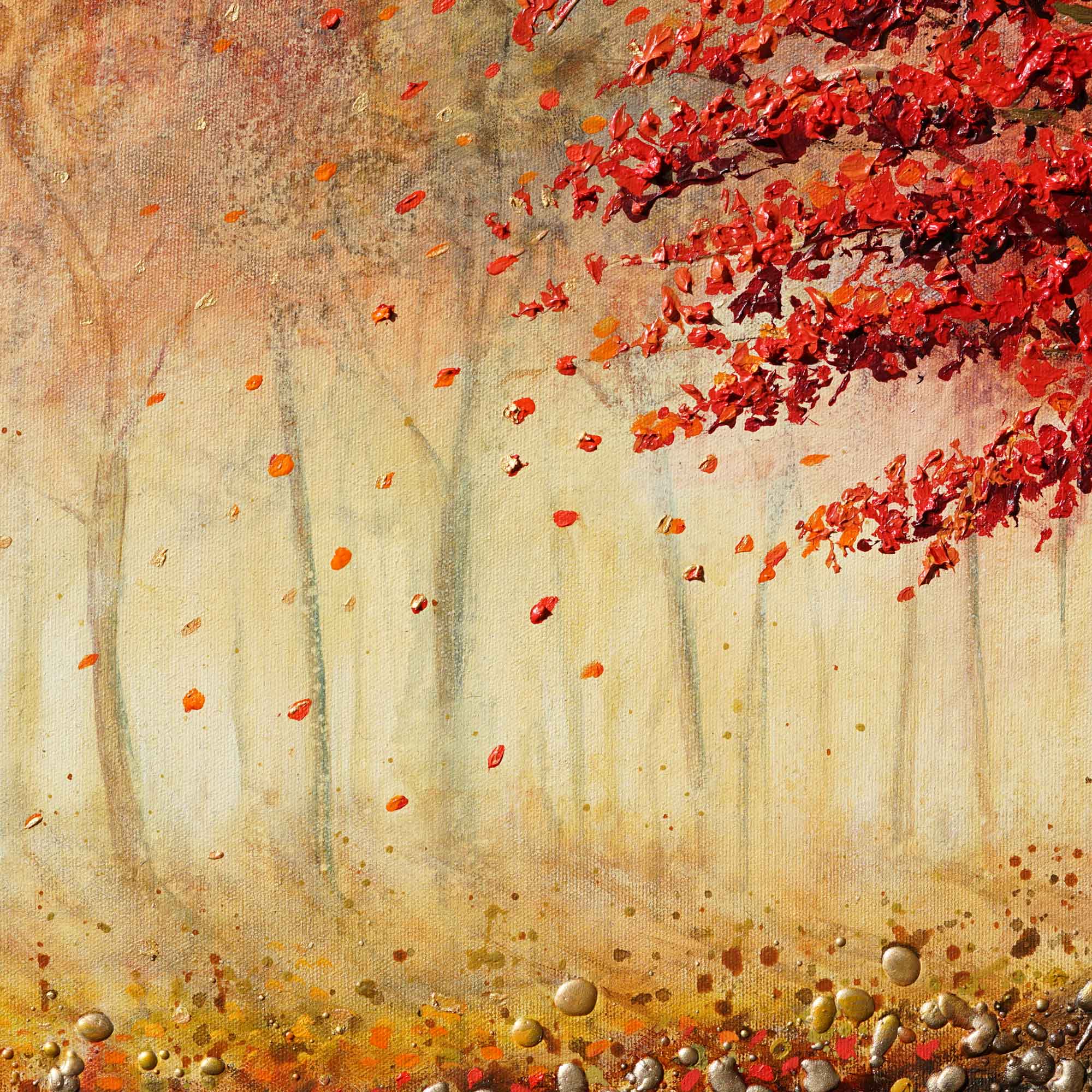 Autumnal scene with red leaves falling from a tree against a textured background.