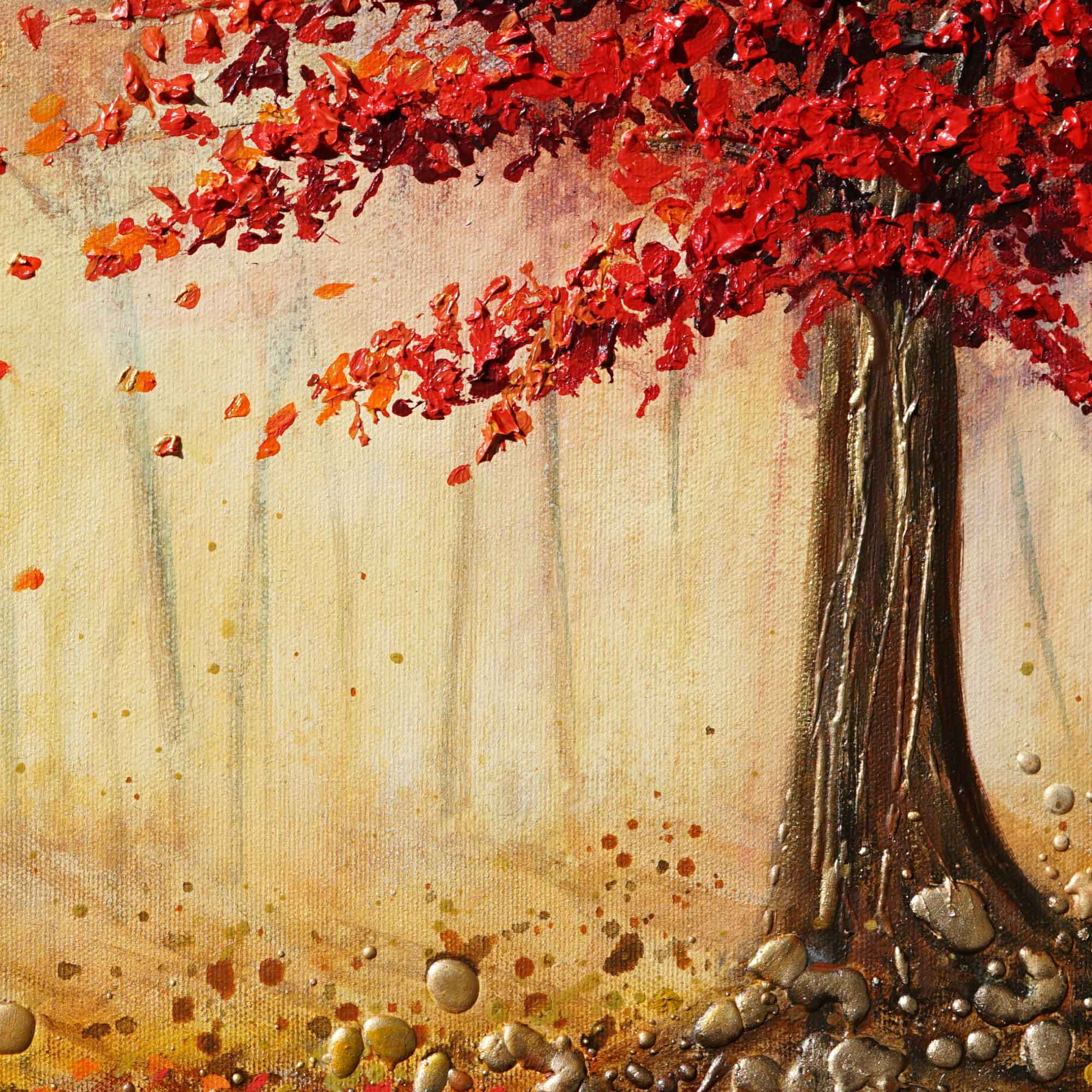 Painting of a tree with red leaves and a textured beige background