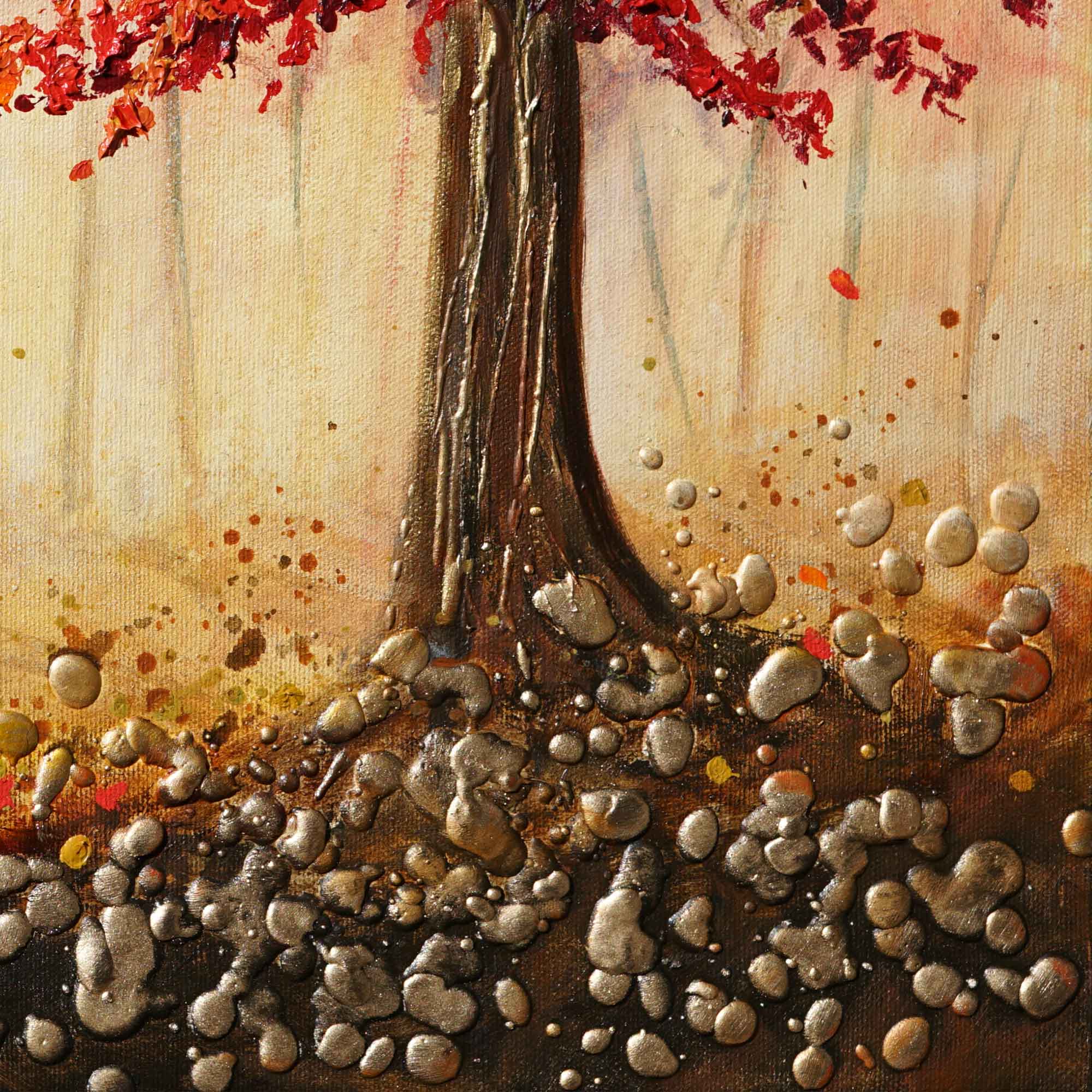 Artistic depiction of a tree with red leaves and pebbles on a textured background