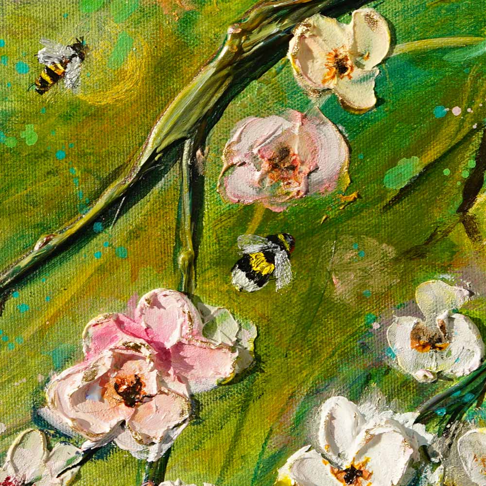 Macro shot of a tiny bee nestled among the cherry blossoms