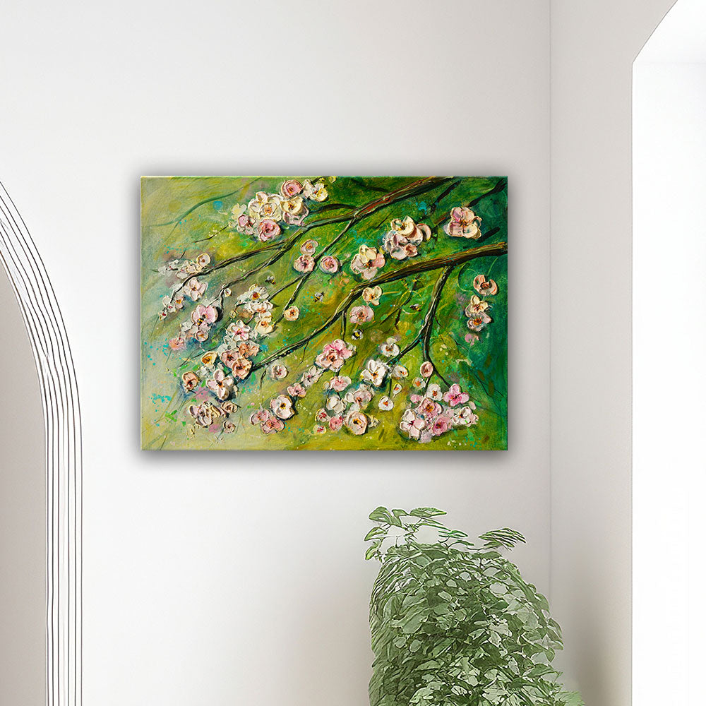"Blossoming Cherry Dance" painting displayed