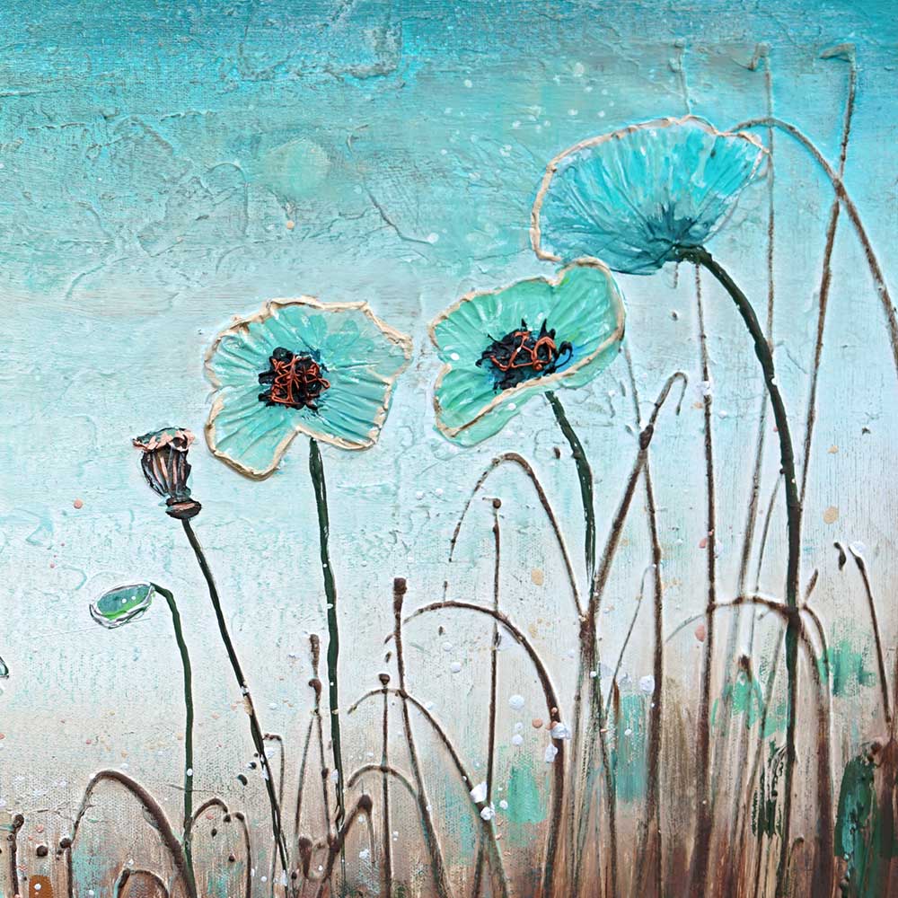 Blue Blooms in the Breeze close-up - impasto flower petals and stems