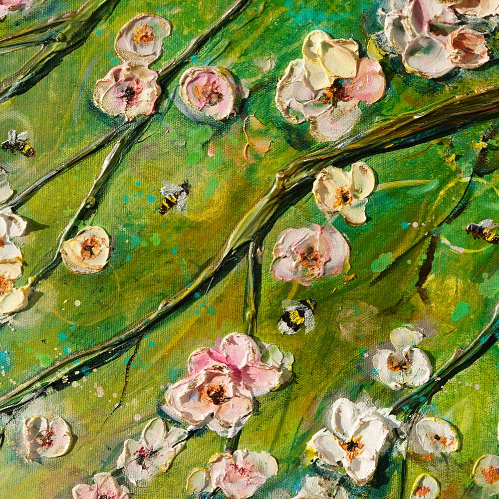 cherry blossoms, showcasing the impasto technique used to create depth and dimension