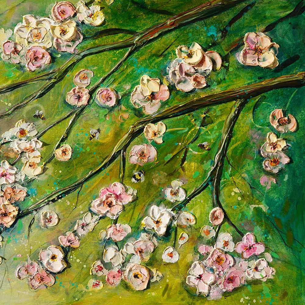 Close-up of a cluster of textured pink and white cherry blossoms