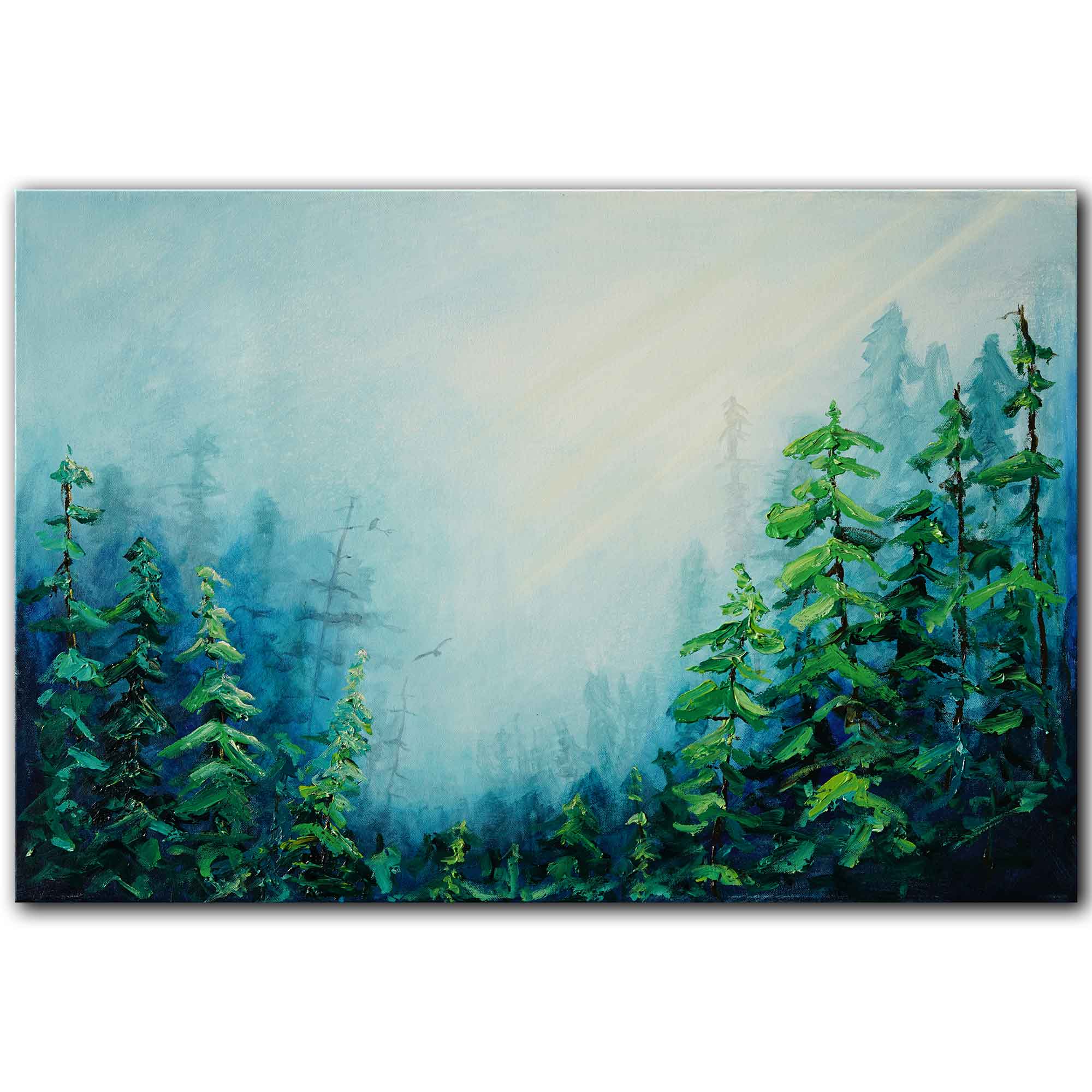 Painting of a forest with a rainbow in the background