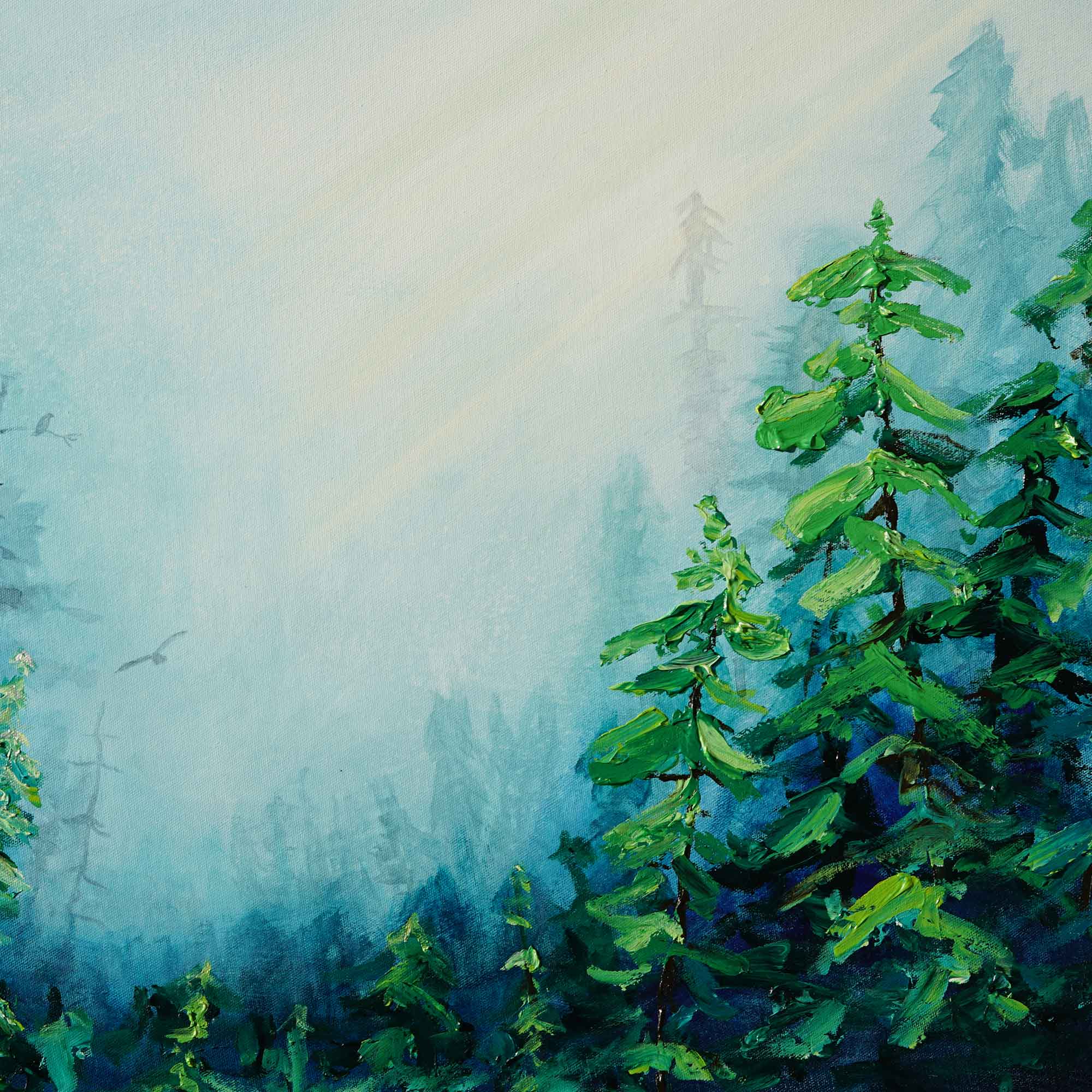 Textured painting of a forest with trees