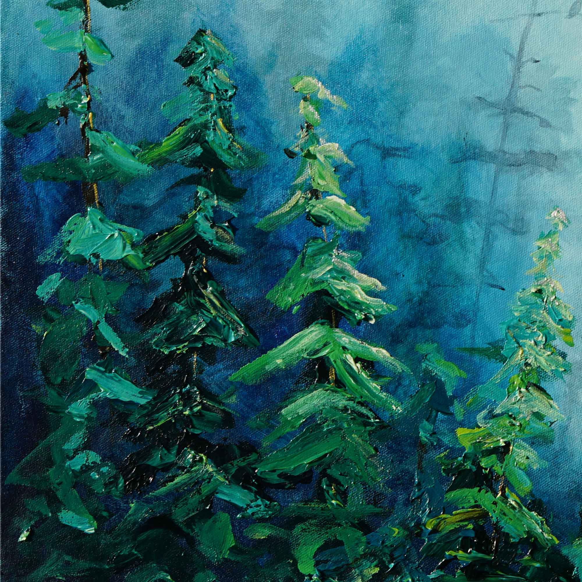 Painting of evergreen trees with a blue background