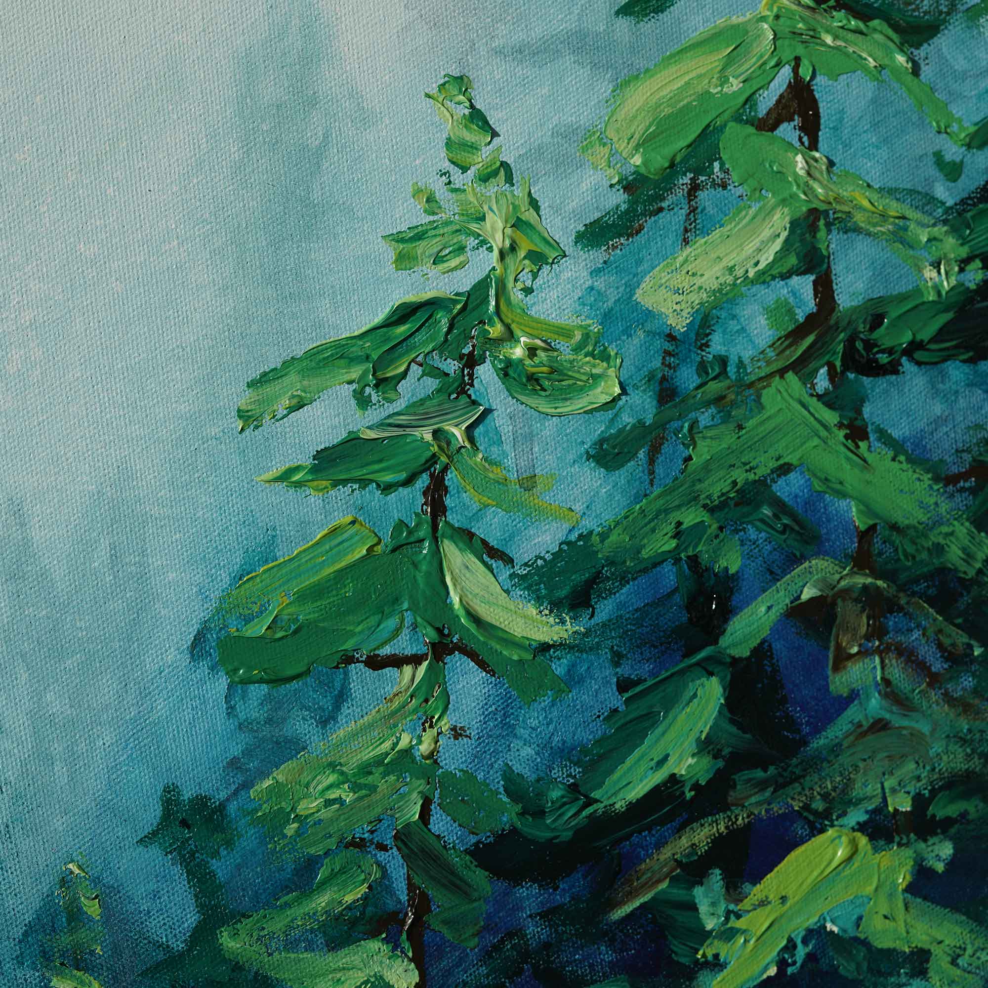 Close-up of a painting of green leaves on a blue background