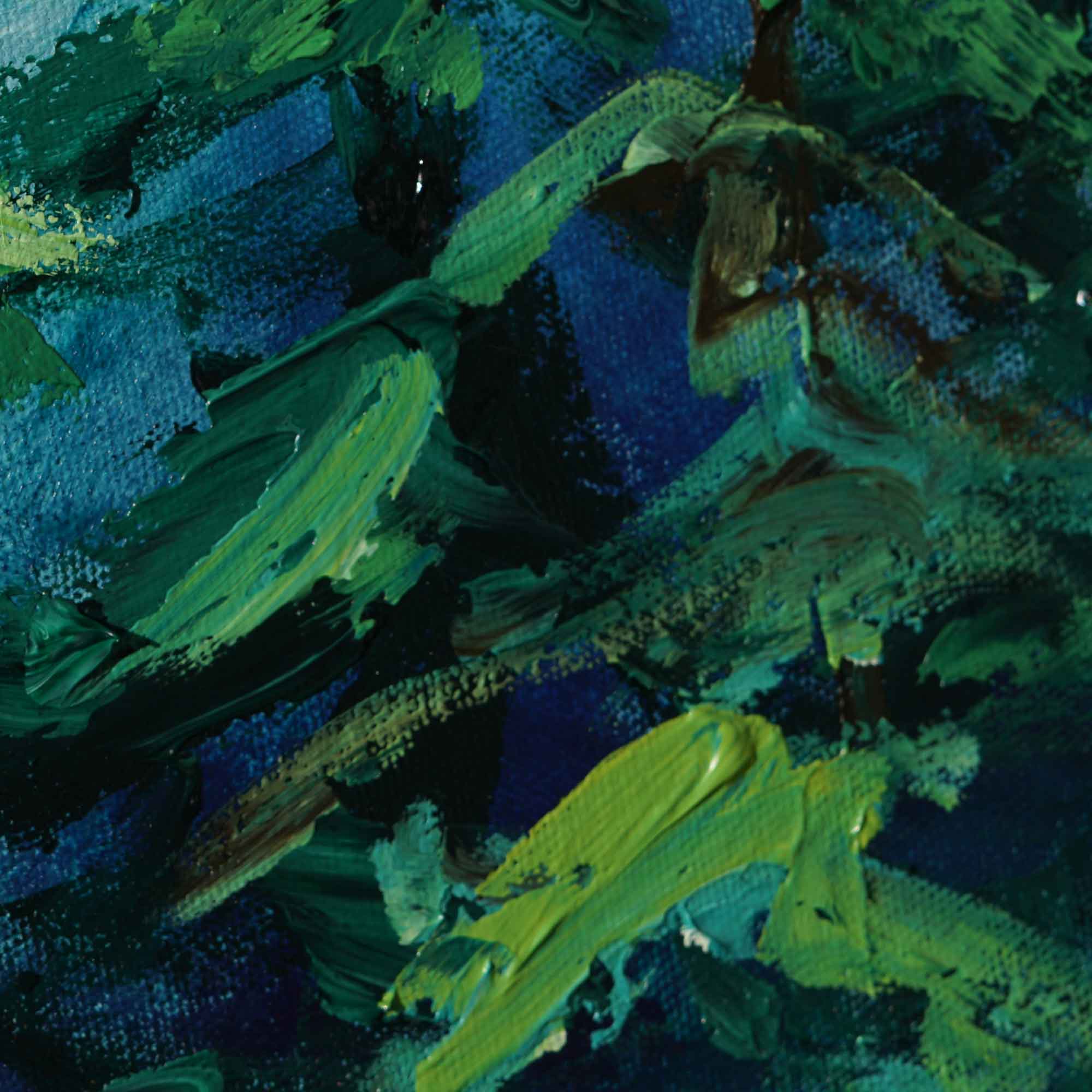 Abstract painting with green and blue brush strokes