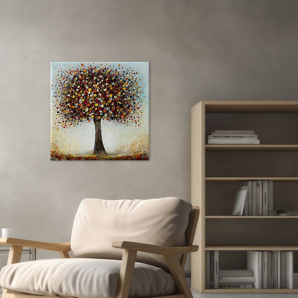 Tree painting near bookcase decor