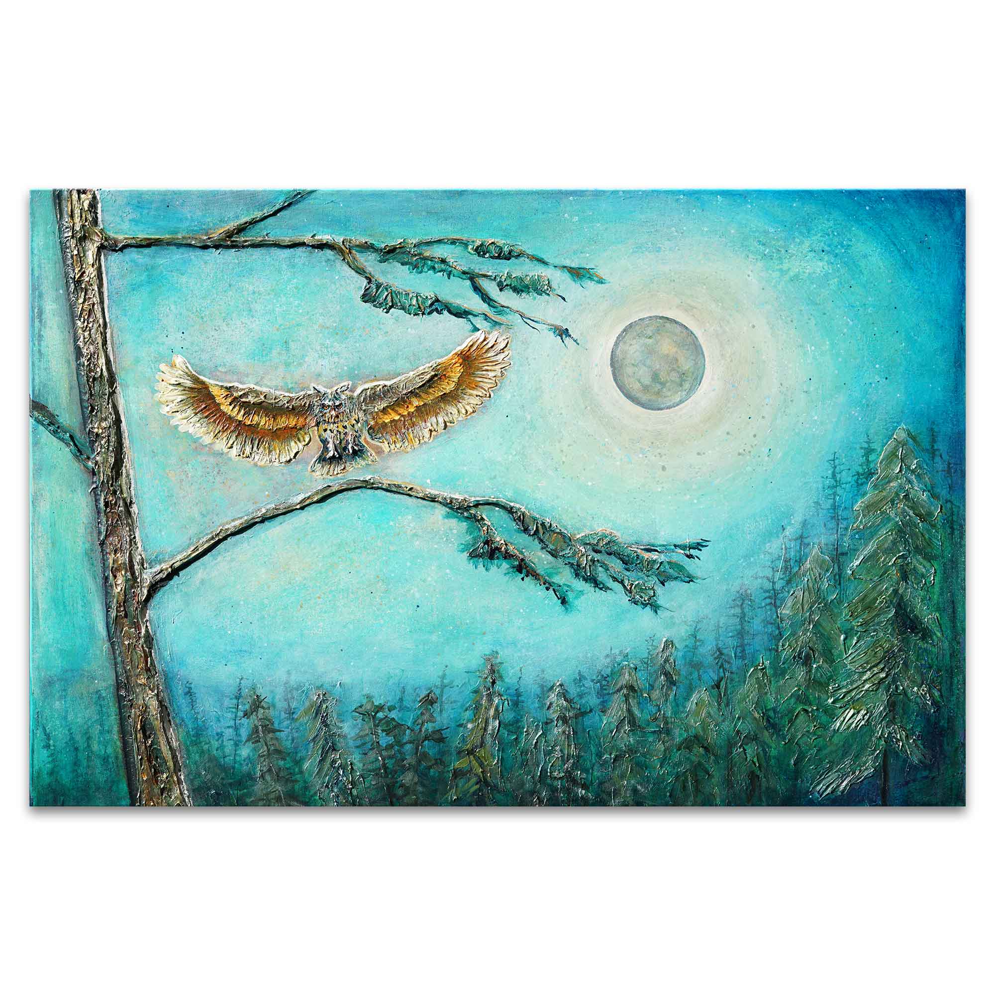 Painting of an owl perched on a branch with a moonlit sky and trees in the background.