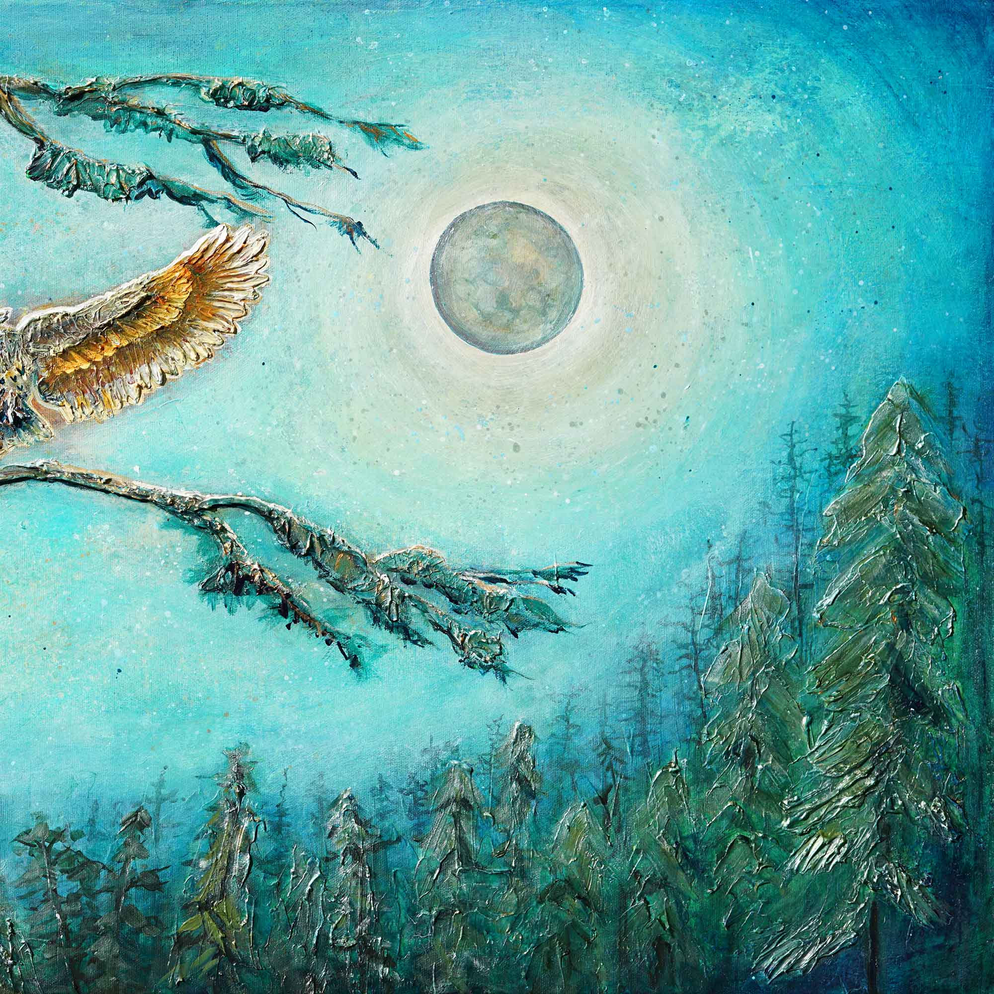 Artistic depiction of a forest scene with a large moon in the sky.