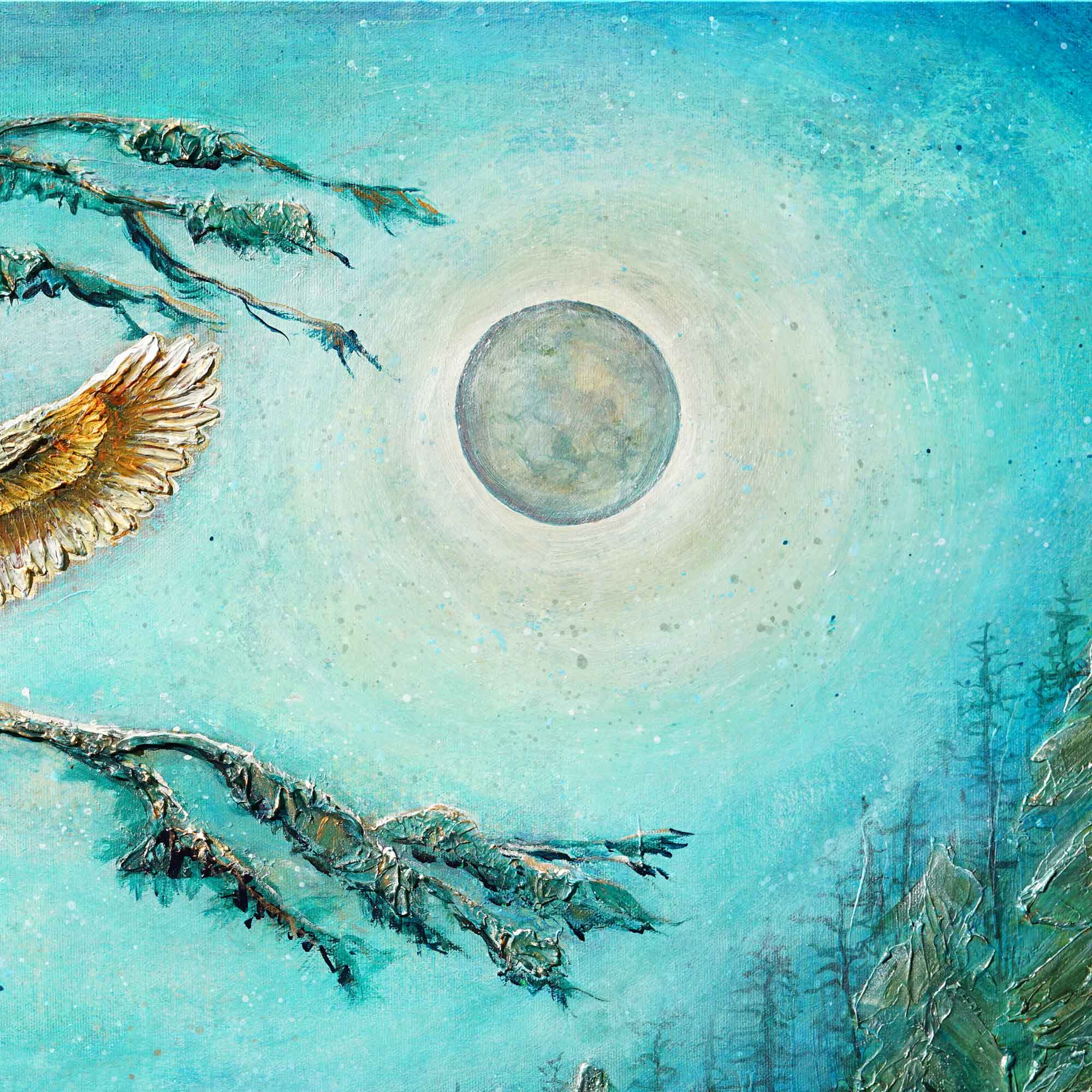 Artistic depiction of a moon over trees with a textured blue background