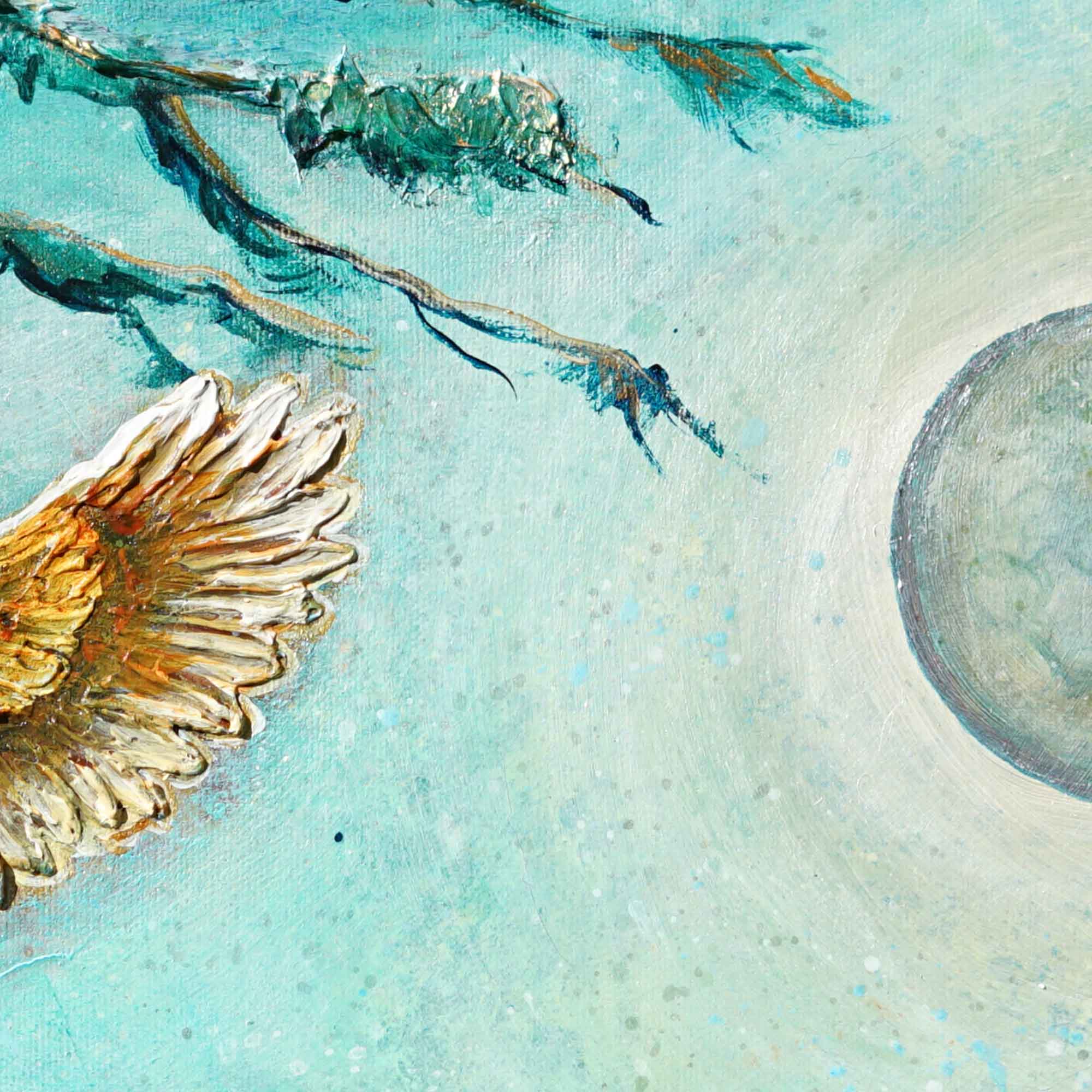 Artistic depiction of a shell and seaweed on a textured blue background