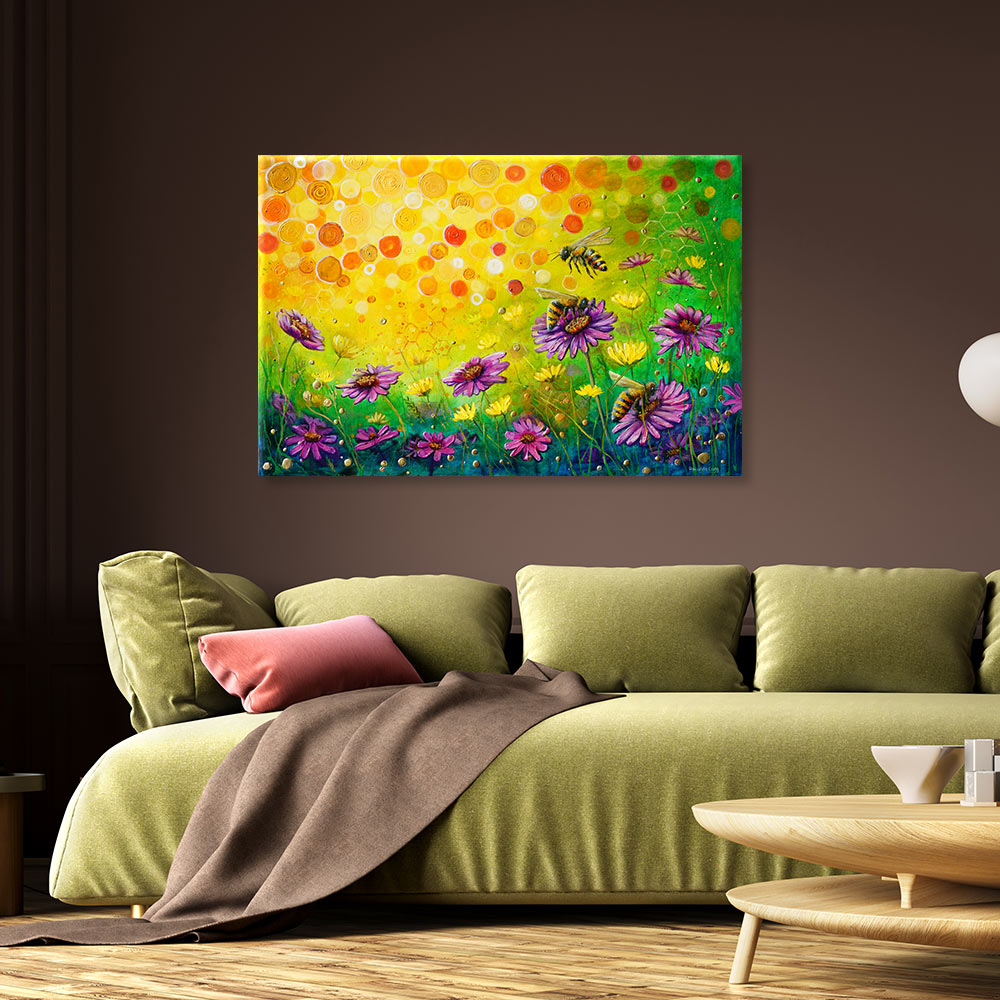 Colorful bee art in living room