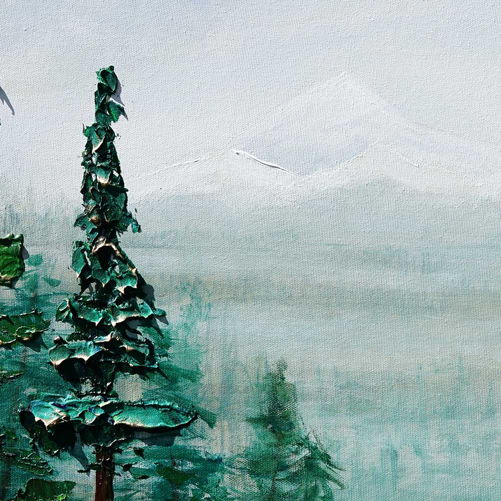 Painting Misty Wilderness snow capped mountains