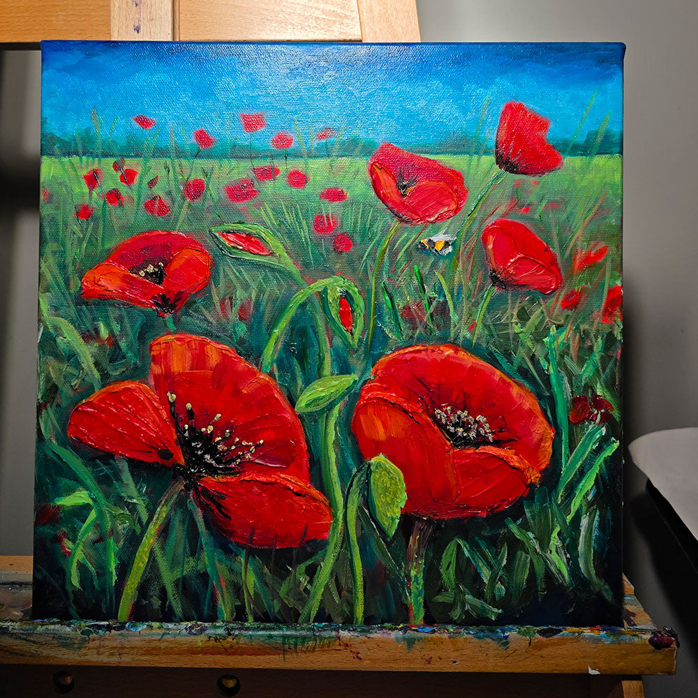 "Poppies & Bee" - Original Oil Painting 🔴 SOLD
