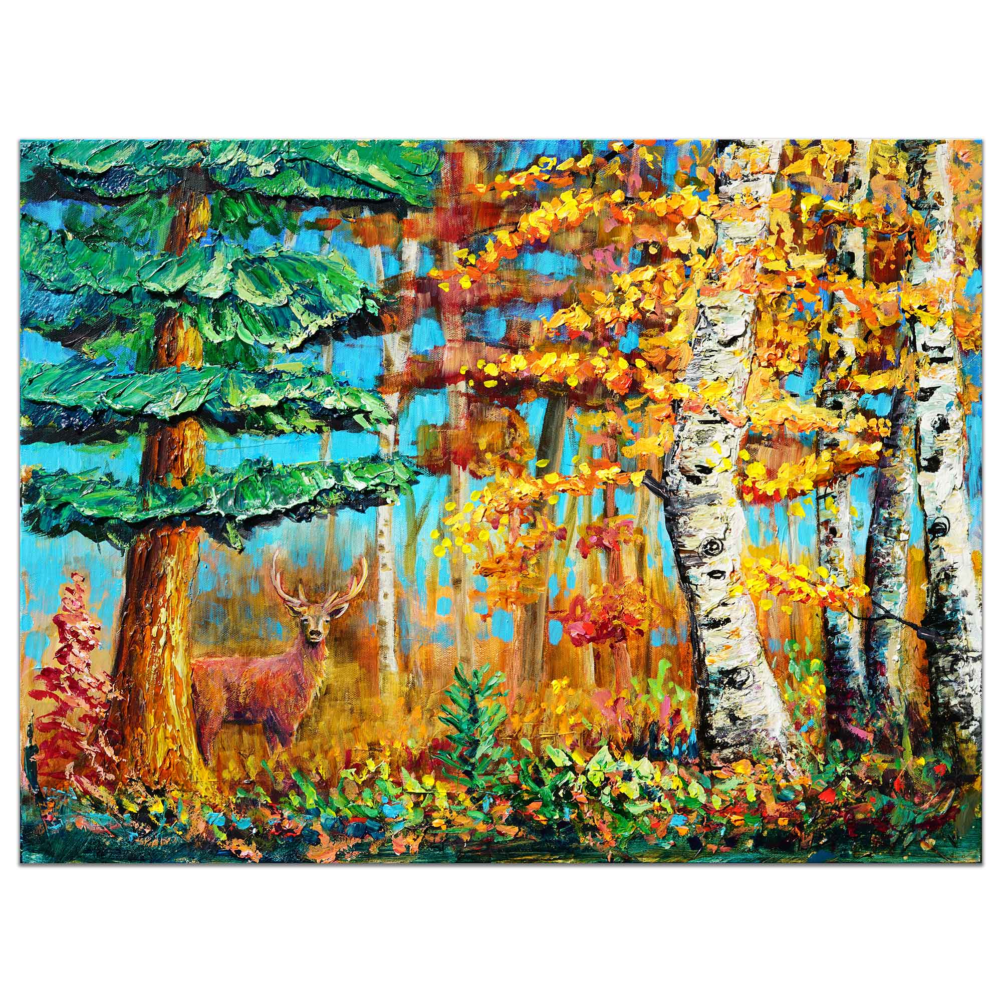 In the Quiet Autumn – original textured acrylic forest painting by Amanda Dagg featuring a deer among birch and pine trees in vibrant autumn colours