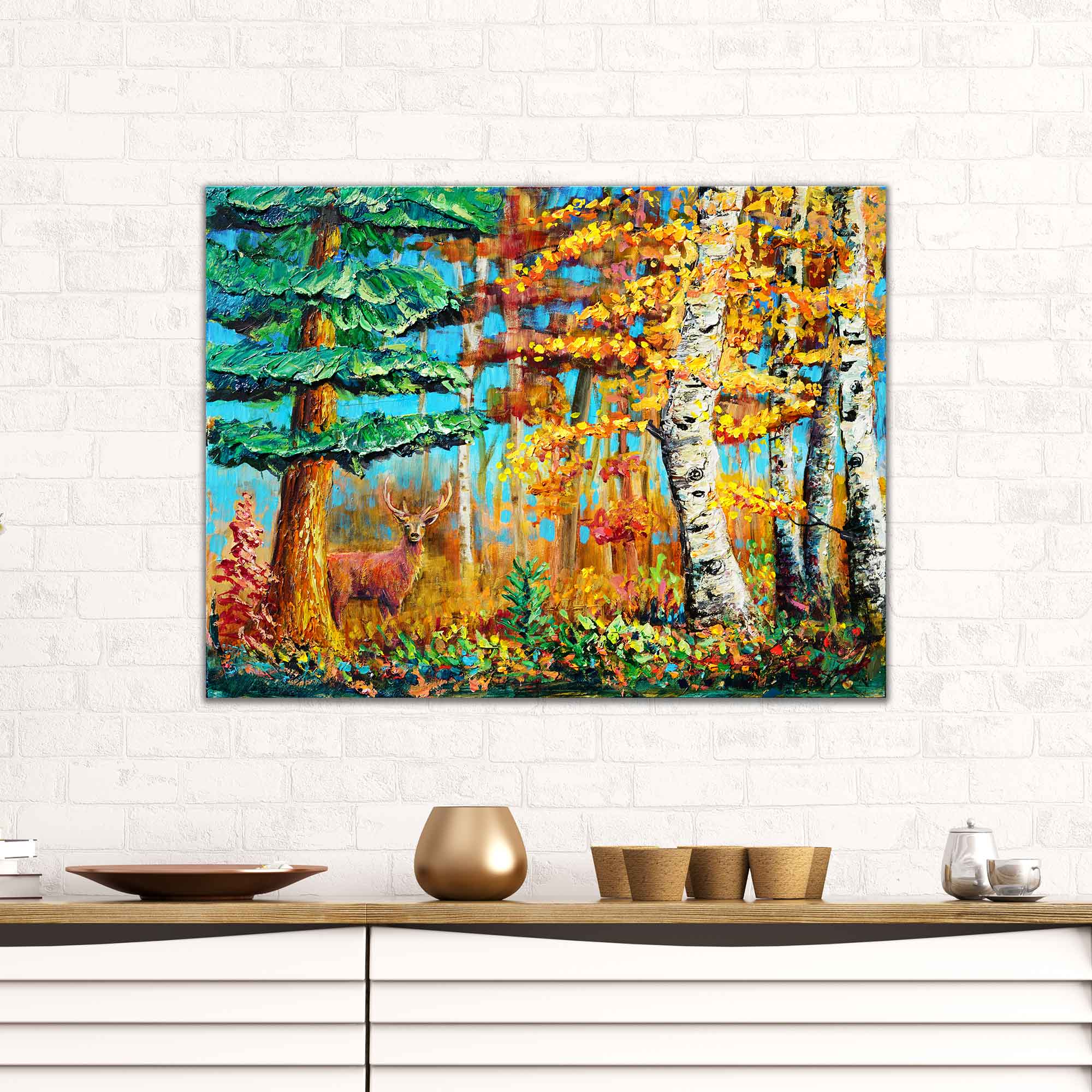 “In the Quiet Autumn forest painting by Amanda Dagg displayed in a modern living room, showing scale and atmosphere of the autumn woodland artwork.”