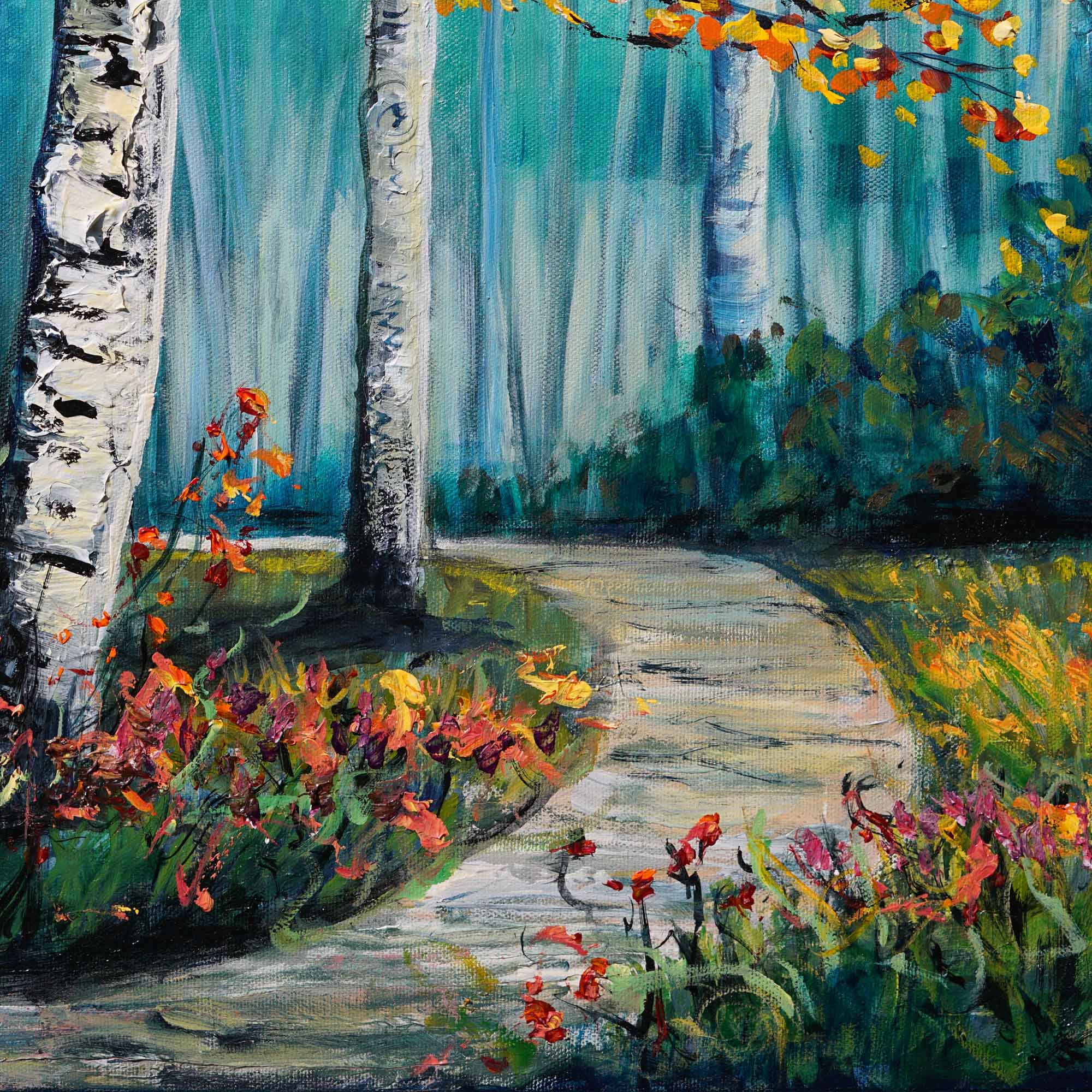Painting of a forest path with flowers and trees