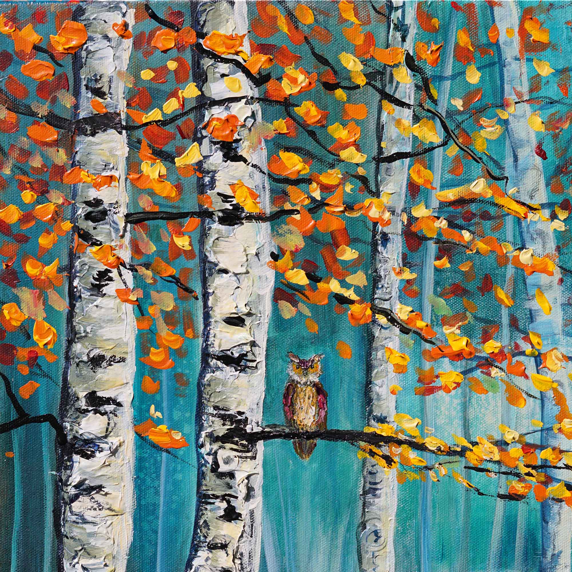 Painting of birch trees with autumn leaves and an owl perched on a branch.