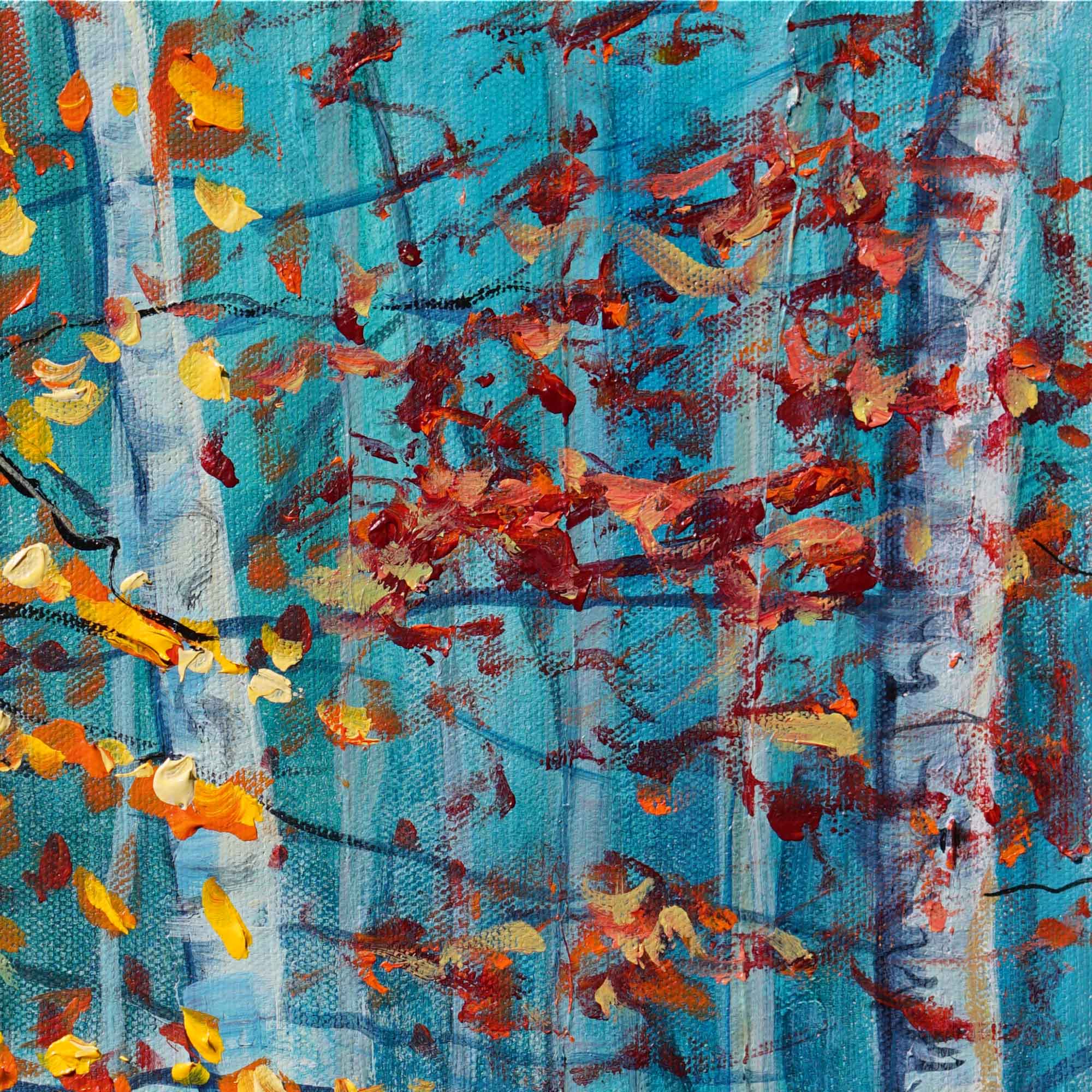 Abstract painting of autumn leaves and trees on a blue background