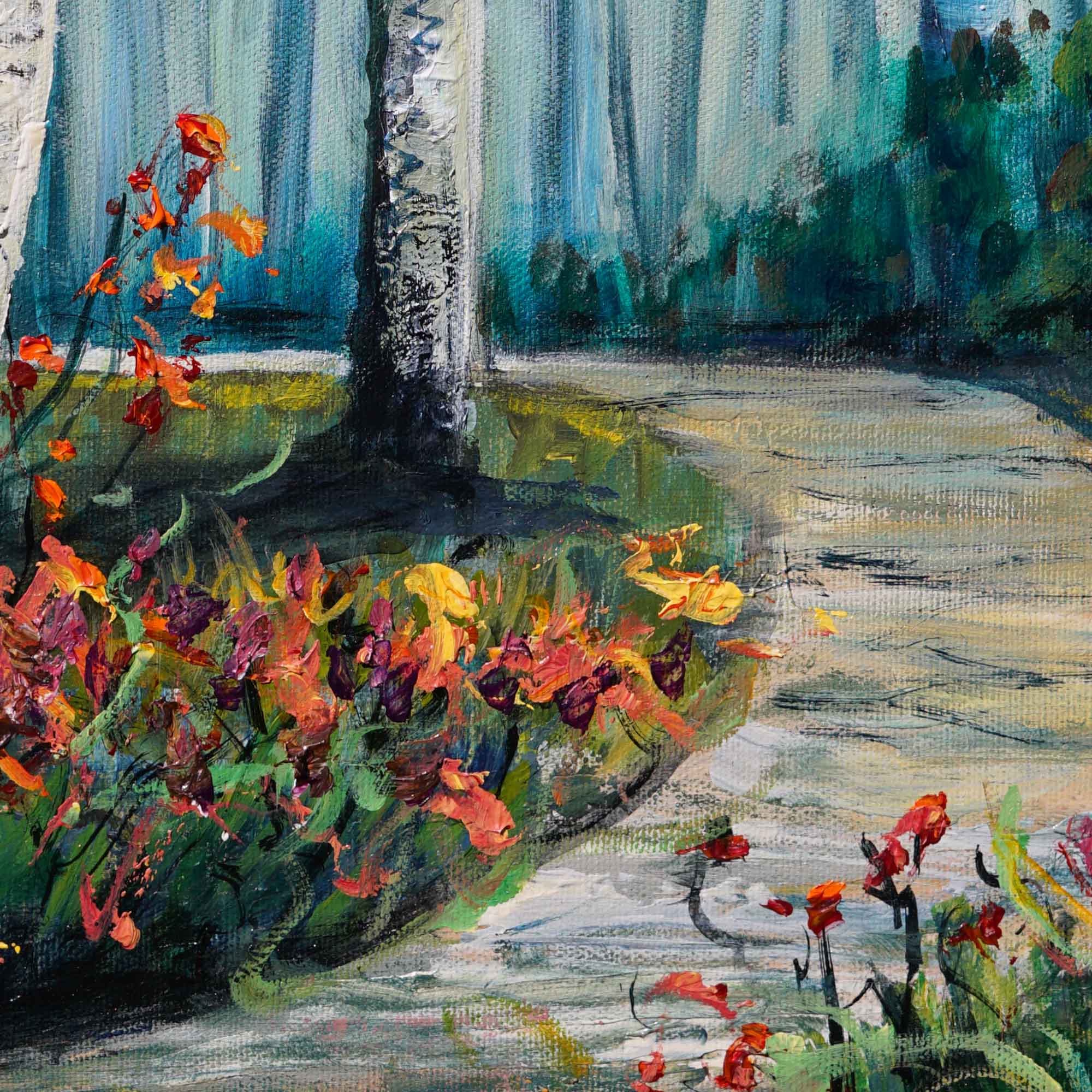 Colorful painting of a forest floor with flowers and trees