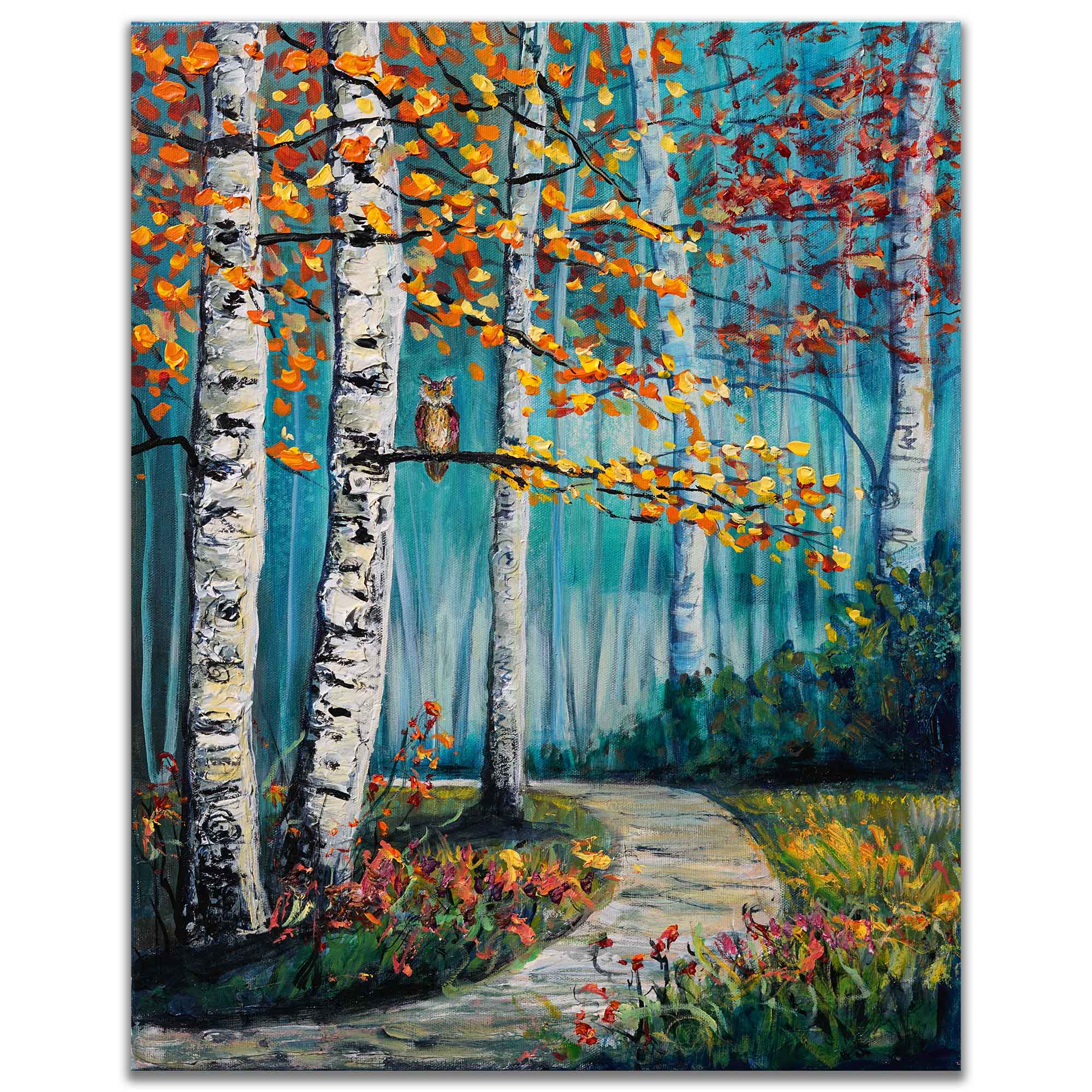 Painting of a forest scene with birch trees, an owl, and a path.