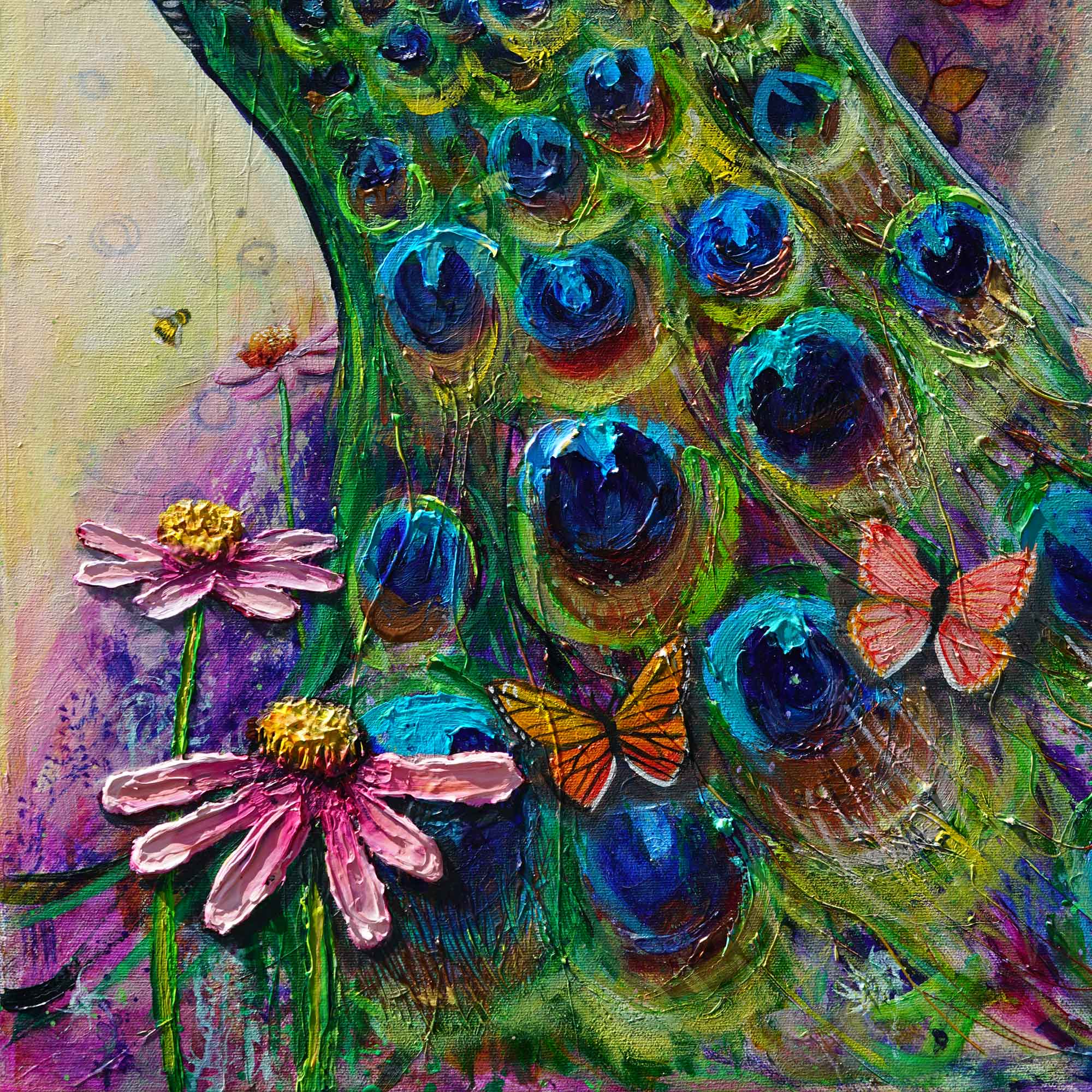 “Peacock’s Secret Garden” - Original Oil mixed media Painting