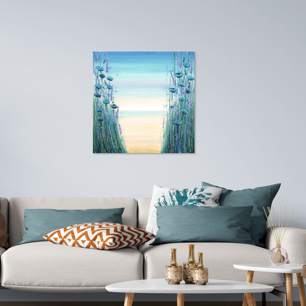 Beach Flowers painting displayed in bedroom - Serene coastal art creating calming atmosphere - 2221