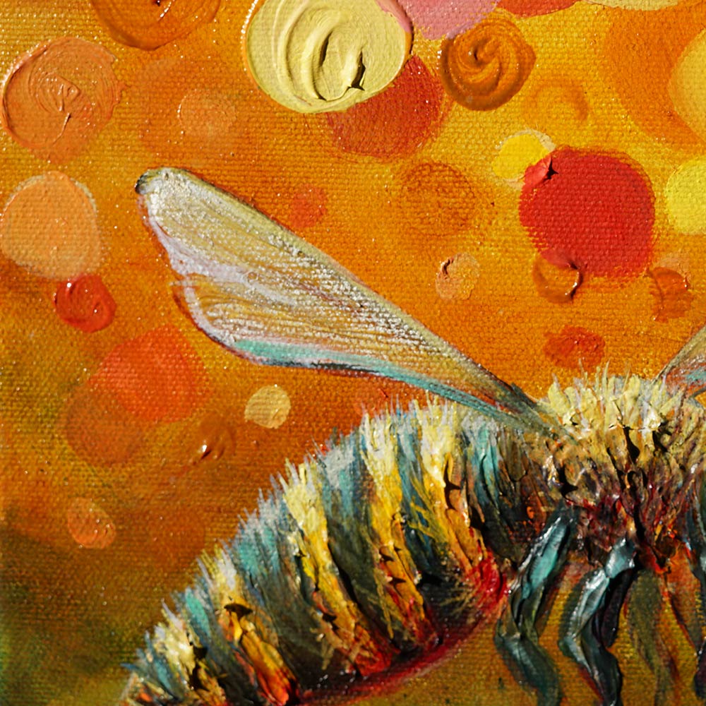 Blooming Waltz close-up - Intricate bee detail in Amanda Dagg's oil painting