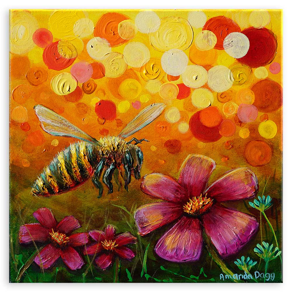 Blooming Waltz by Amanda Dagg - 12x12 inch oil painting of bee pollinating purple flowers