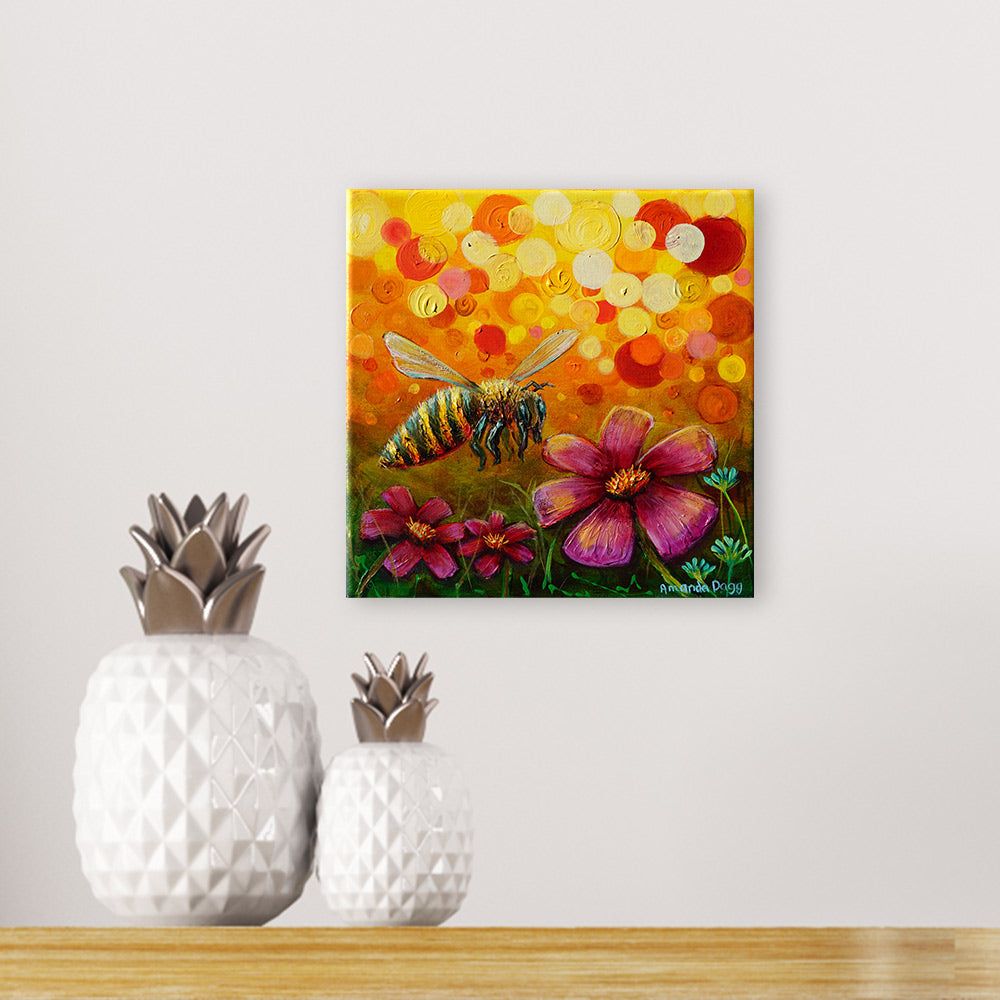 Blooming Waltz by Amanda Dagg in living room - 12x12 honeybee artwork