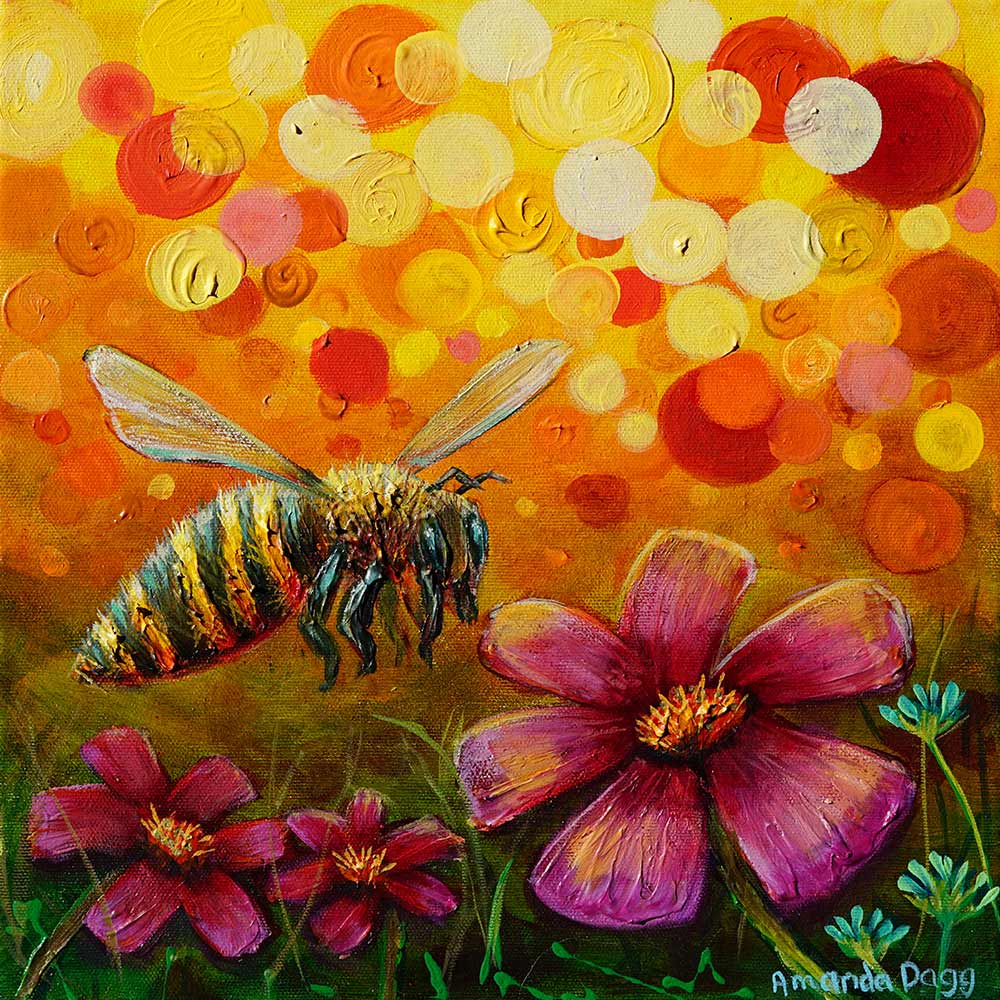 Blooming Waltz oil painting - Vibrant summer garden with bee and flowers by Amanda Dagg