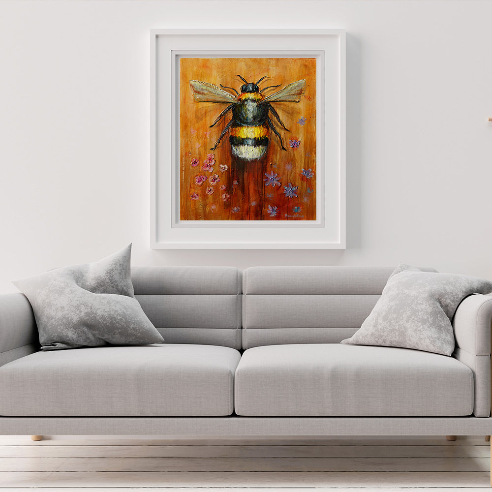 Blossom and Buzz by Amanda Dagg above sofa - Bumblebee artwork