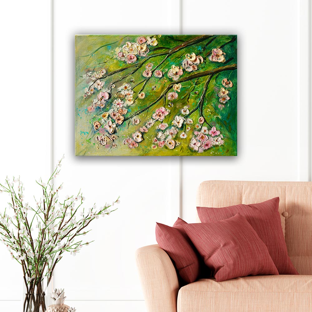  "Blossoming Cherry Dance" painting displayed  modern living room, adding a vibrant focal point to the space.